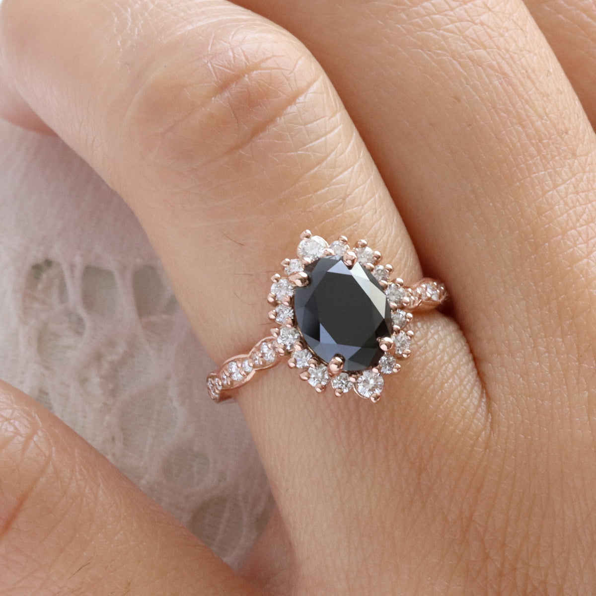 Large oval black diamond engagement ring rose gold halo black diamond ring la more design jewelry