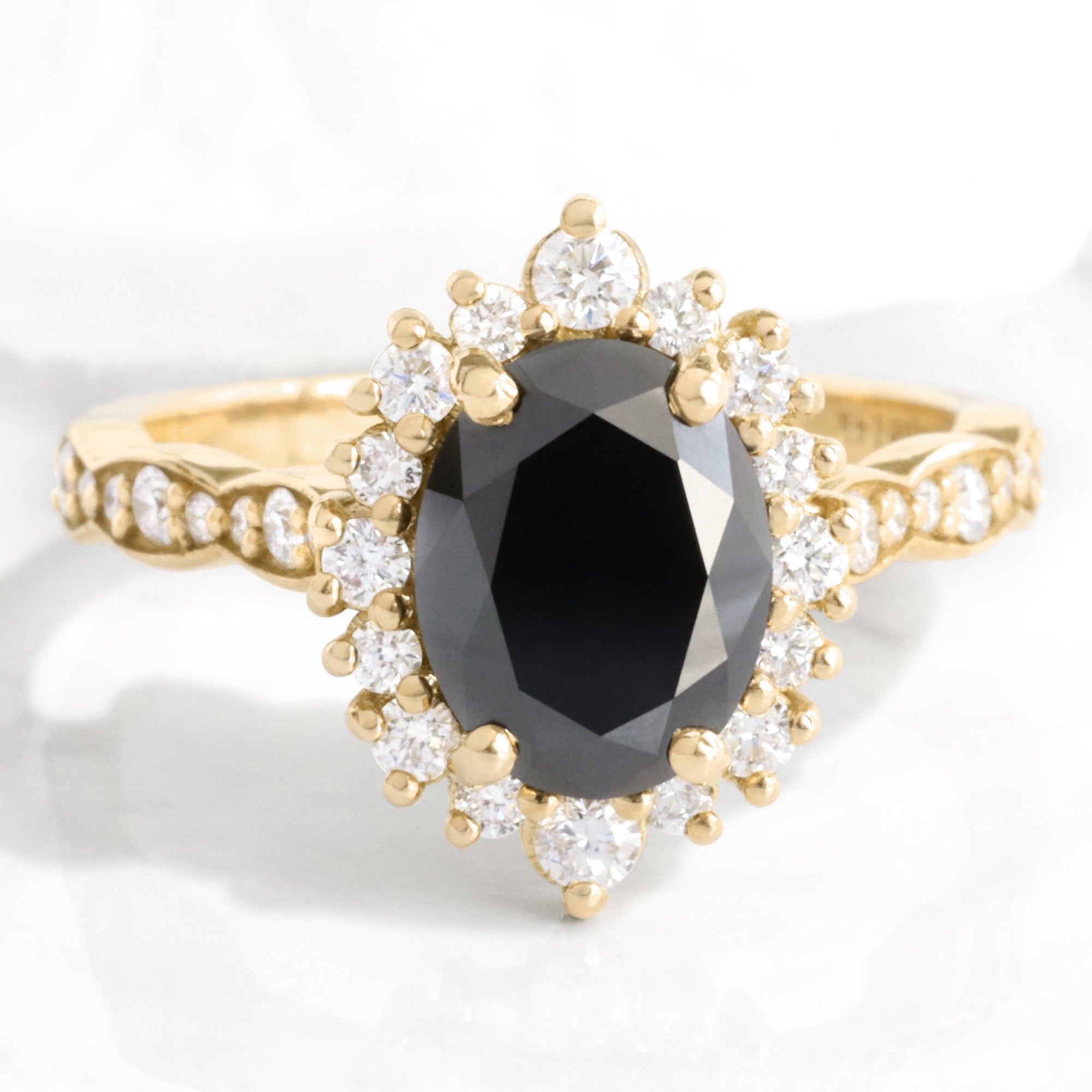 Large oval black diamond engagement ring yellow gold halo black diamond ring la more design jewelry