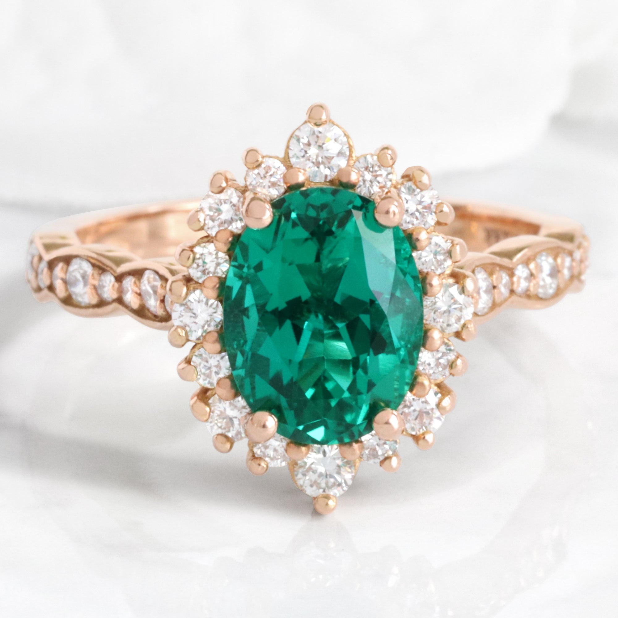 Large oval emerald engagement ring rose gold halo diamond emerald ring green cluster ring la more design jewelry