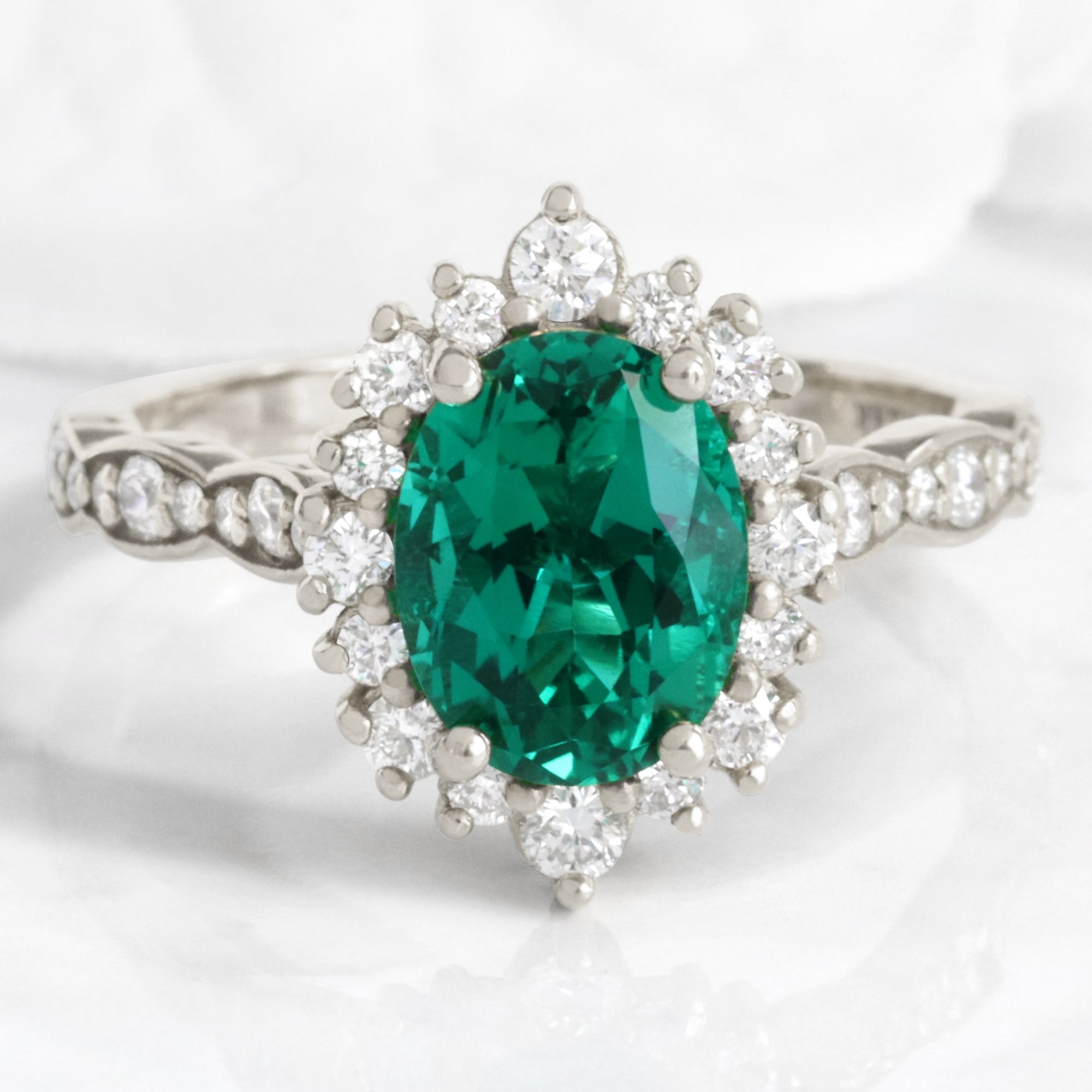 Large oval emerald engagement ring white gold halo diamond emerald ring green cluster ring la more design jewelry