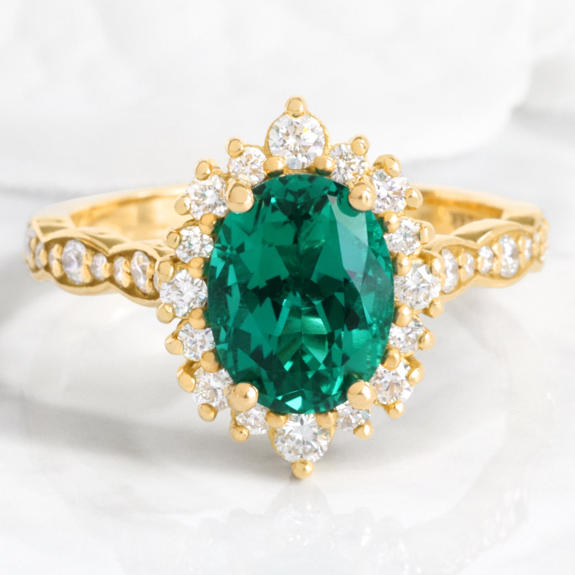 Large oval emerald engagement ring yellow gold halo diamond emerald ring green cluster ring la more design jewelry