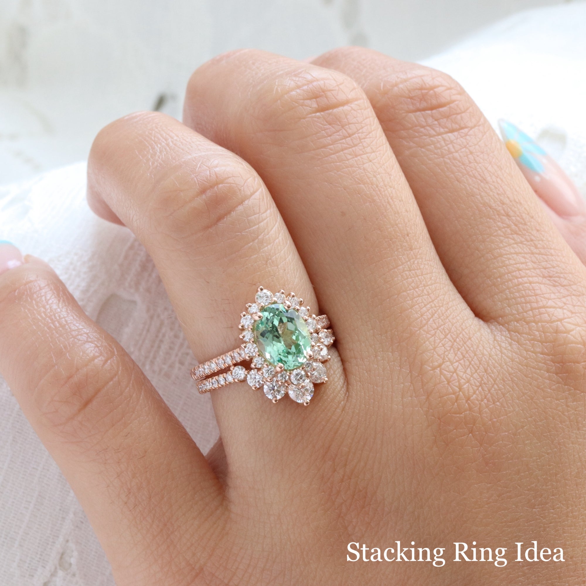 Oval seafoam green sapphire engagement ring rose gold halo diamond sapphire ring la more design jewelry