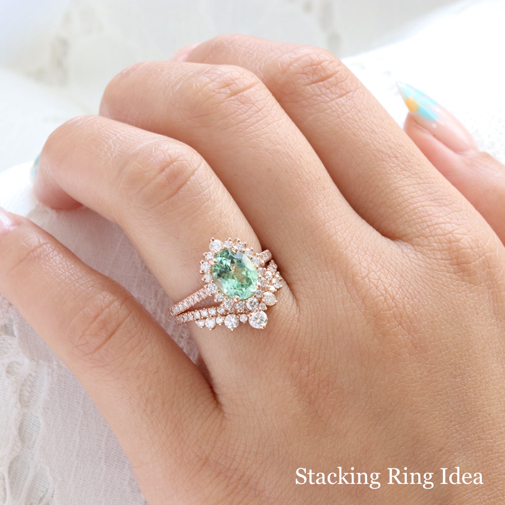 Oval seafoam green sapphire engagement ring rose gold halo diamond sapphire ring la more design jewelry