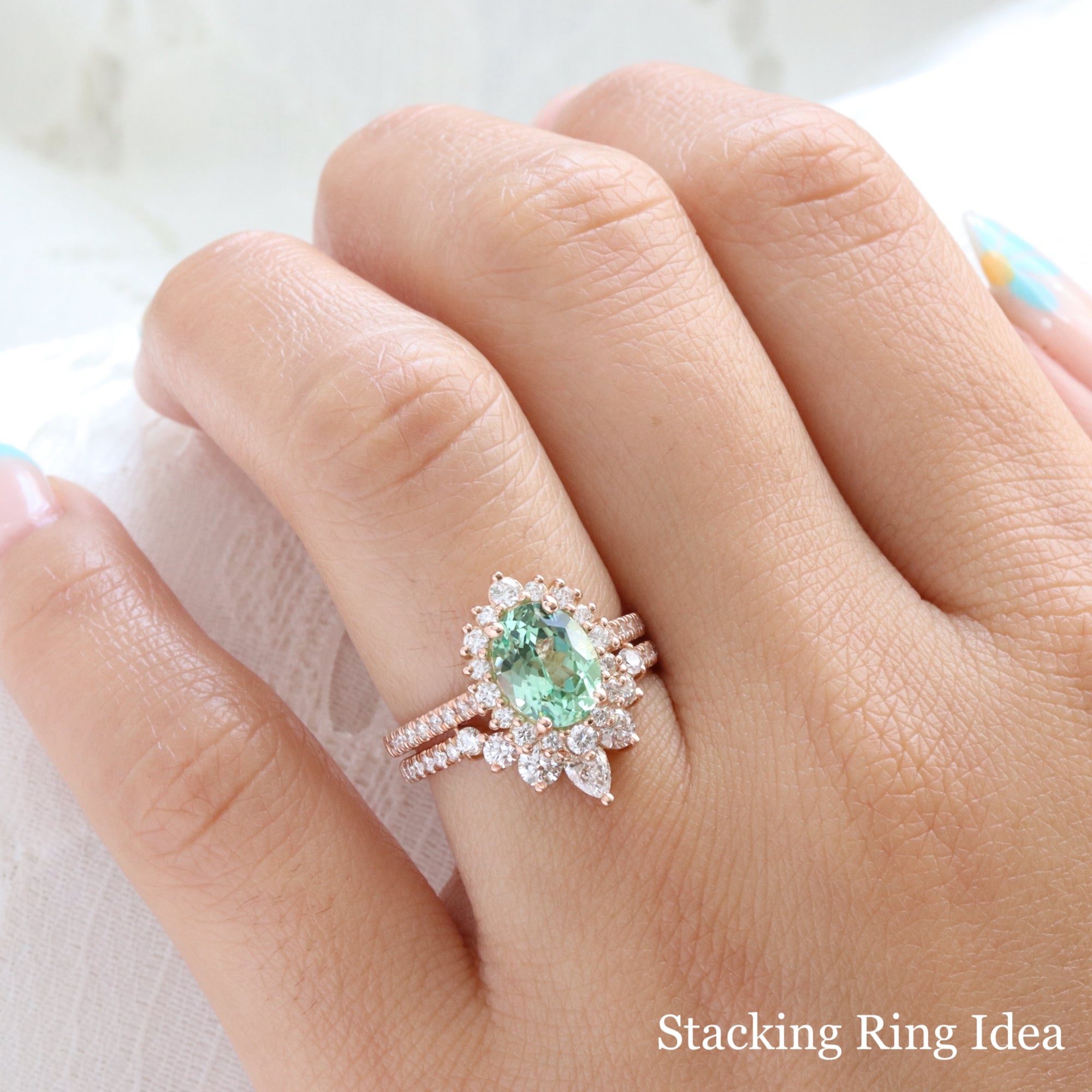 Oval seafoam green sapphire engagement ring rose gold halo diamond sapphire ring la more design jewelry