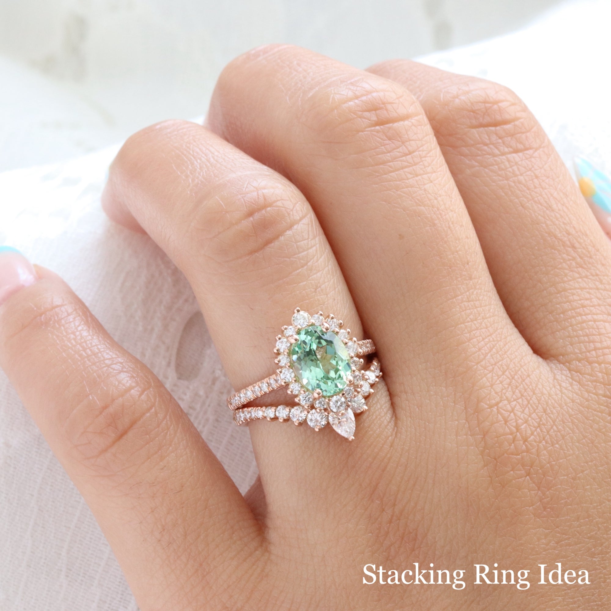 Oval seafoam green sapphire engagement ring rose gold halo diamond sapphire ring la more design jewelry