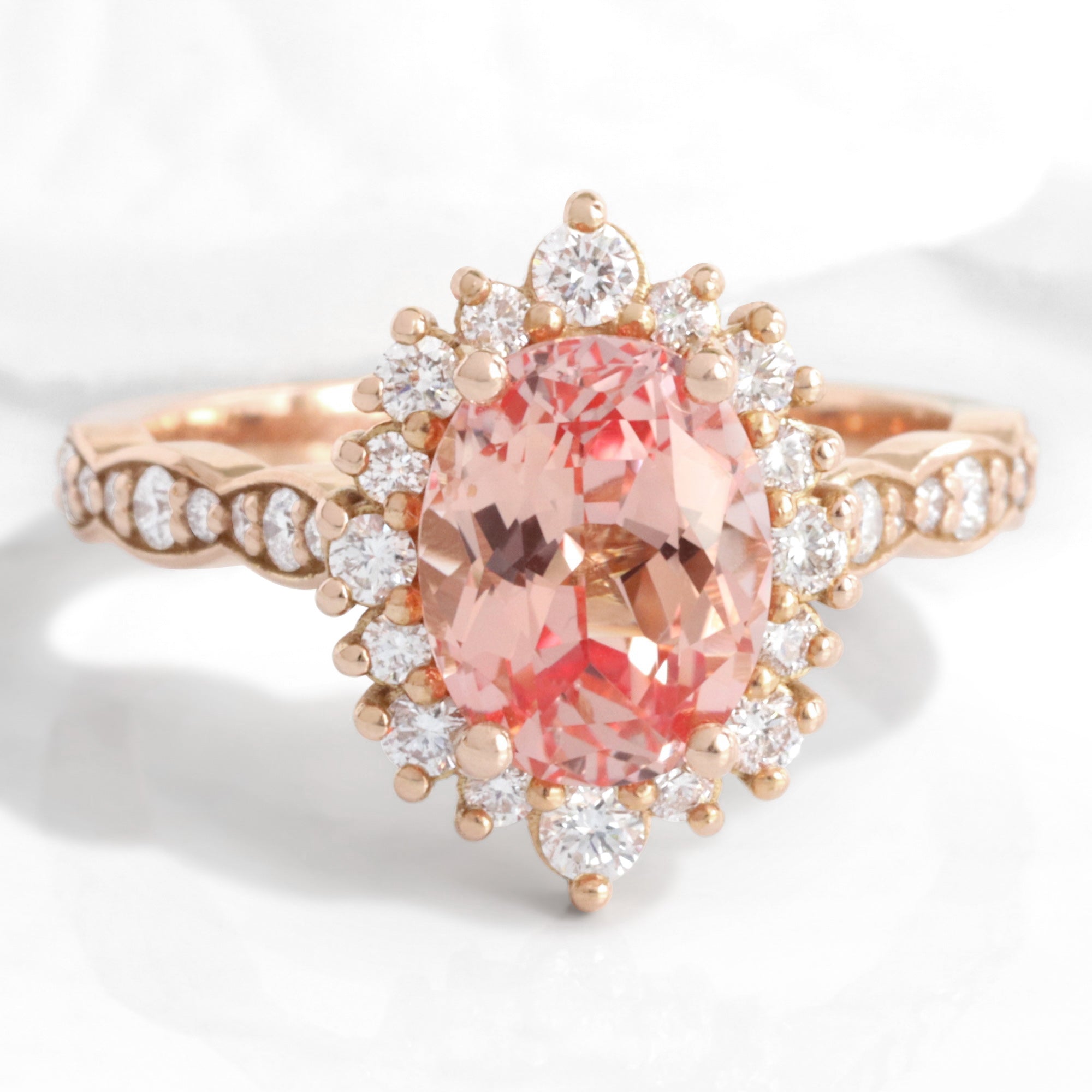 Large oval peach sapphire ring rose gold halo diamond pink sapphire engagement ring la more design jewelry