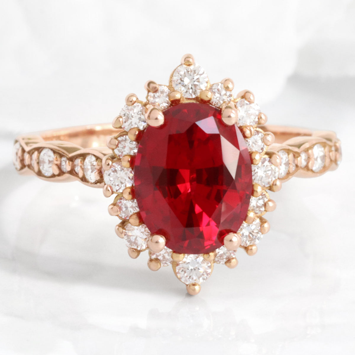 Large oval ruby engagement ring rose gold halo diamond ruby ring ruby cluster ring la more design jewelry