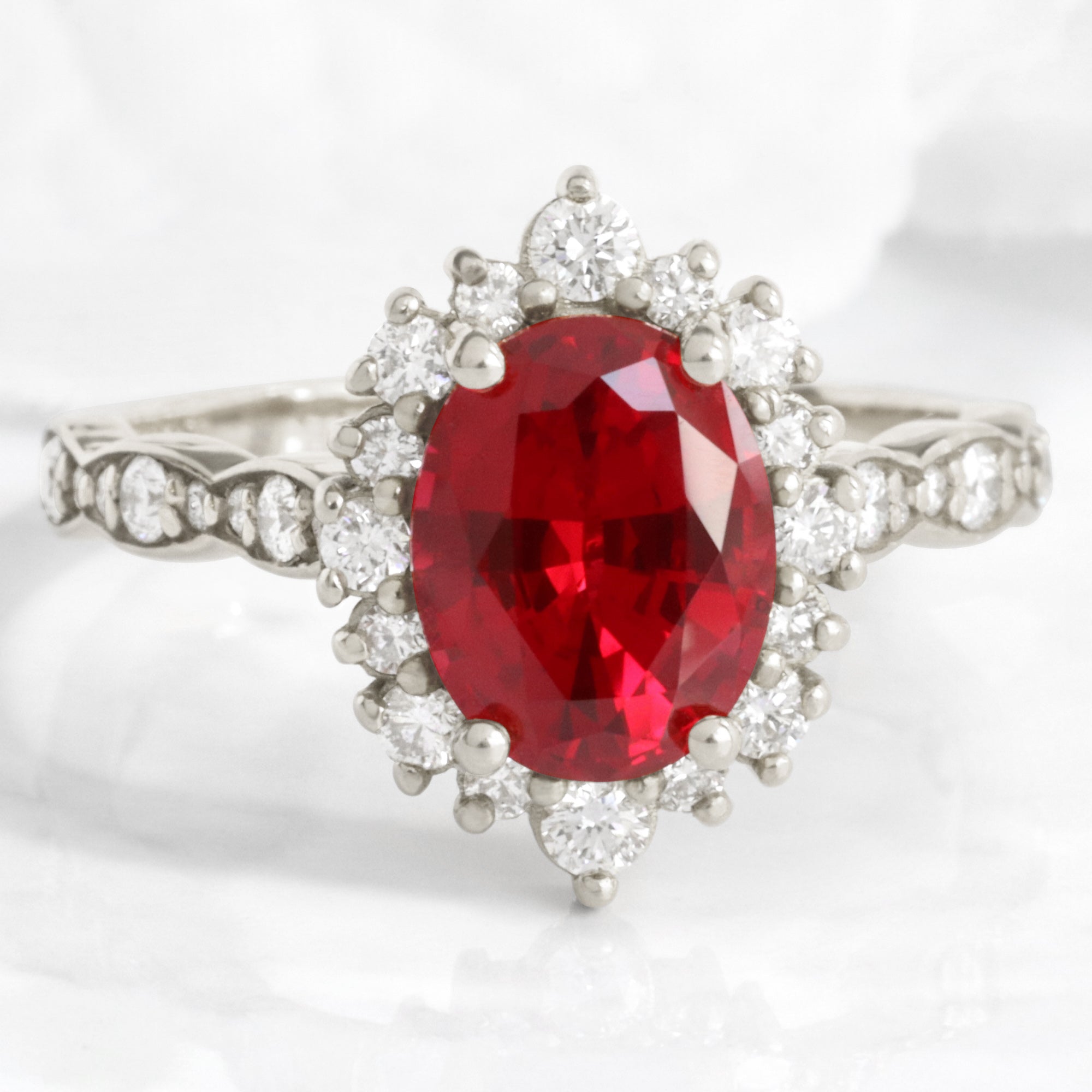 Large oval ruby engagement ring white gold halo diamond ruby ring ruby cluster ring la more design jewelry