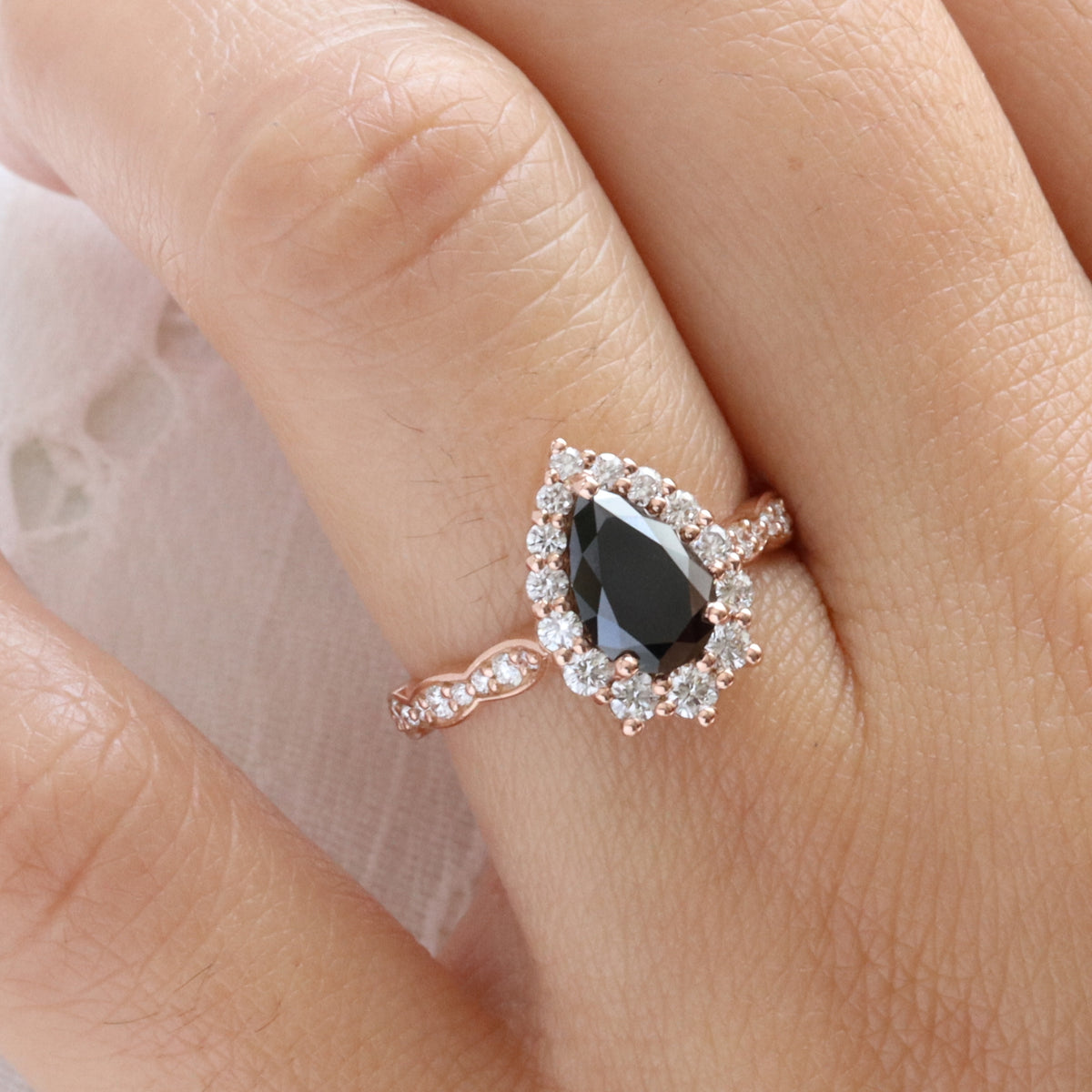 Large pear black diamond engagement ring rose gold halo black diamond ring la more design jewelry