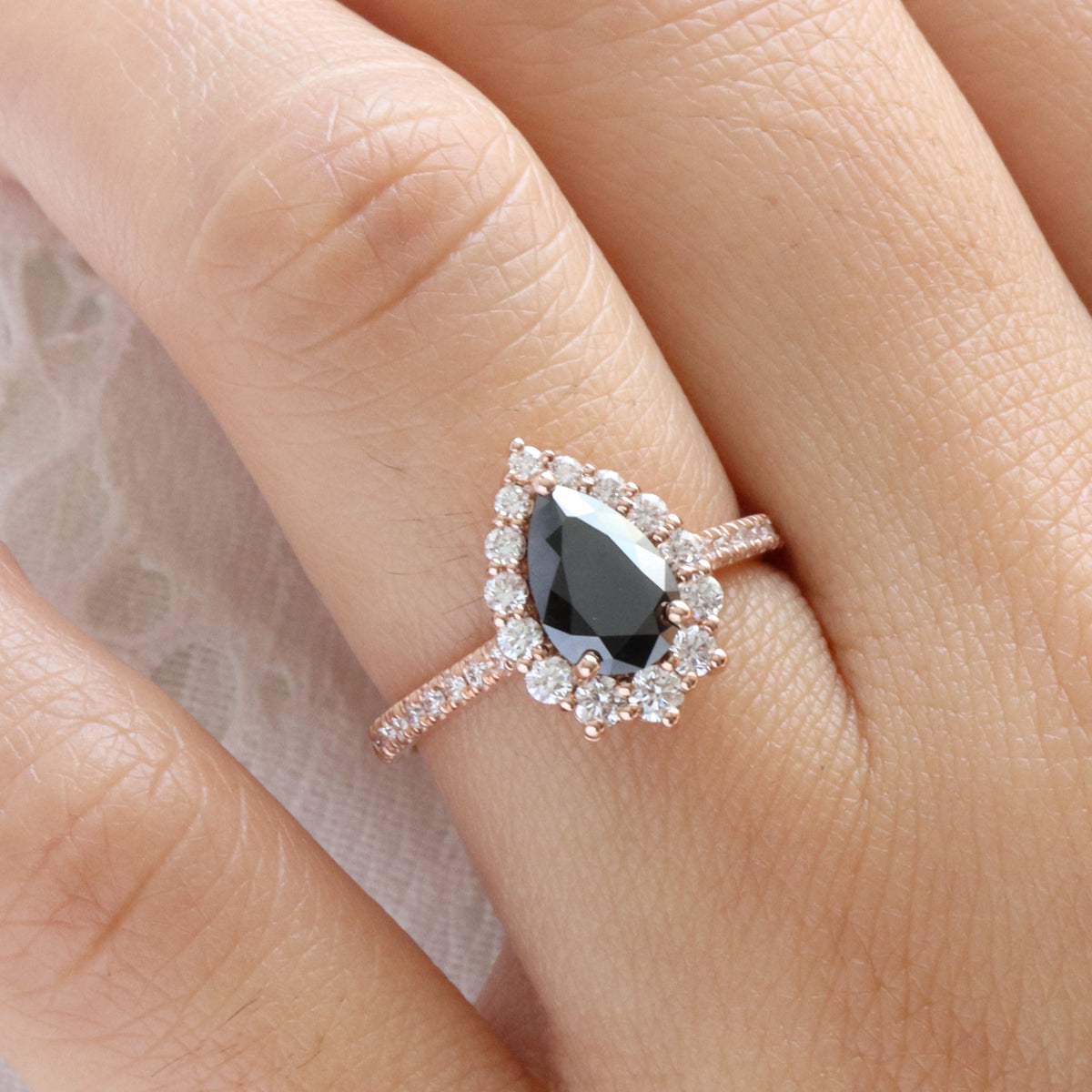 Large pear black diamond engagement ring rose gold halo diamond pear ring pear cluster la more design jewelry