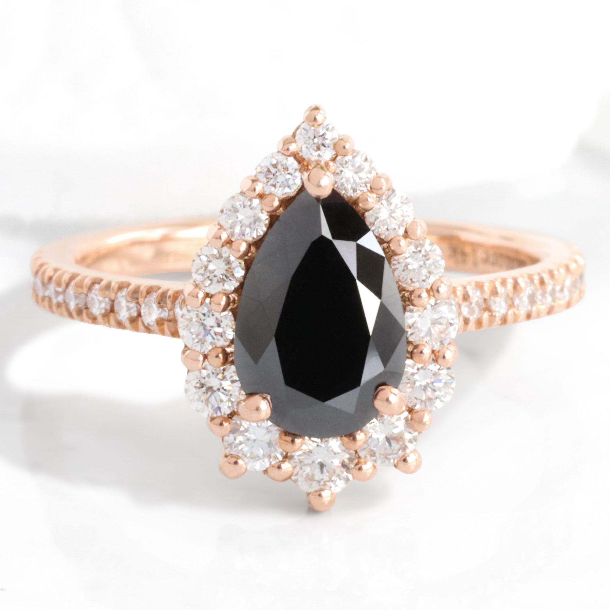 Large pear black diamond engagement ring rose gold halo diamond pear ring pear cluster la more design jewelry