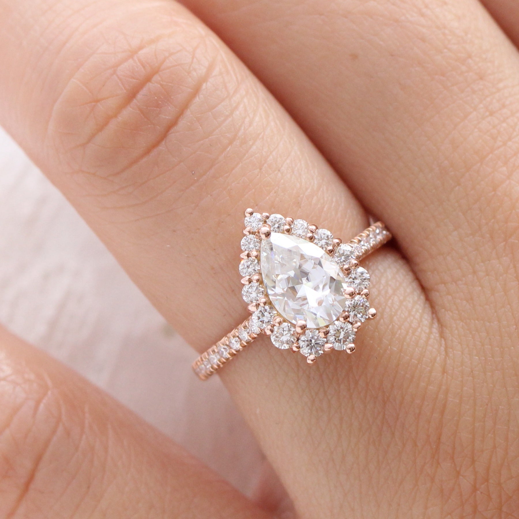 Large pear moissanite engagement ring rose gold halo diamond moissanite ring cluster ring la more design jewelry