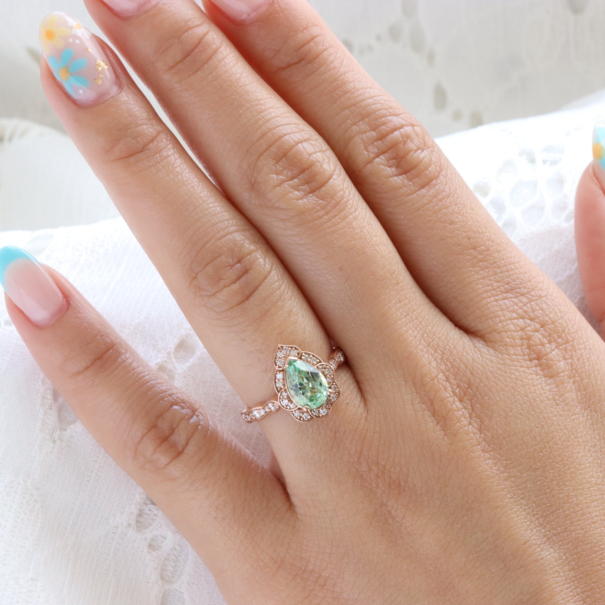 Large pear green sapphire engagement ring rose gold vintage halo diamond sapphire ring la more design jewelry