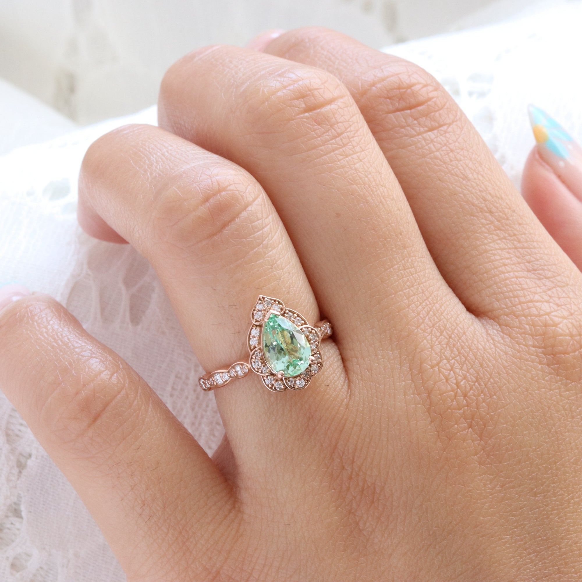 Large pear green sapphire engagement ring rose gold vintage halo diamond sapphire ring la more design jewelry