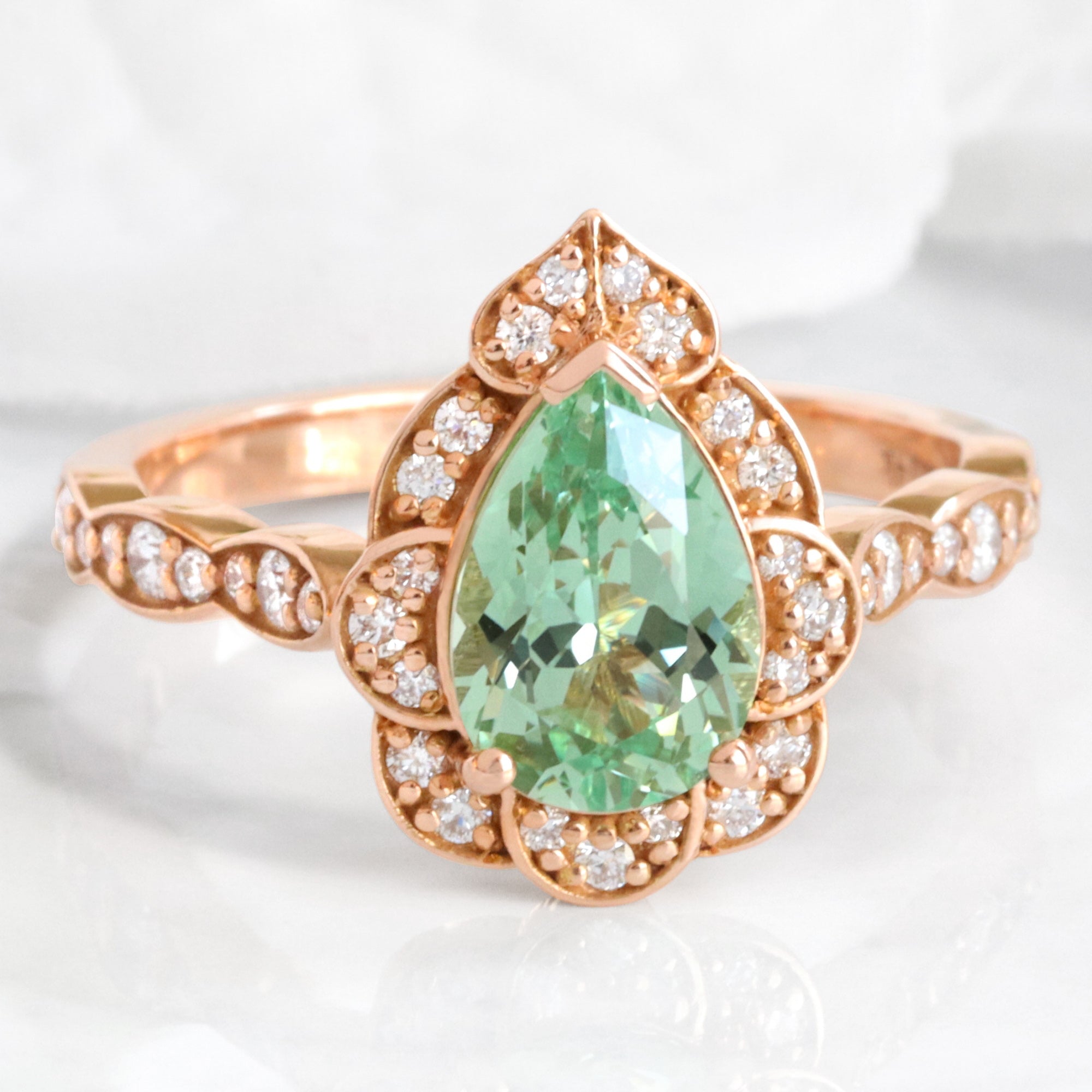 Large pear green sapphire engagement ring rose gold vintage halo diamond sapphire ring la more design jewelry