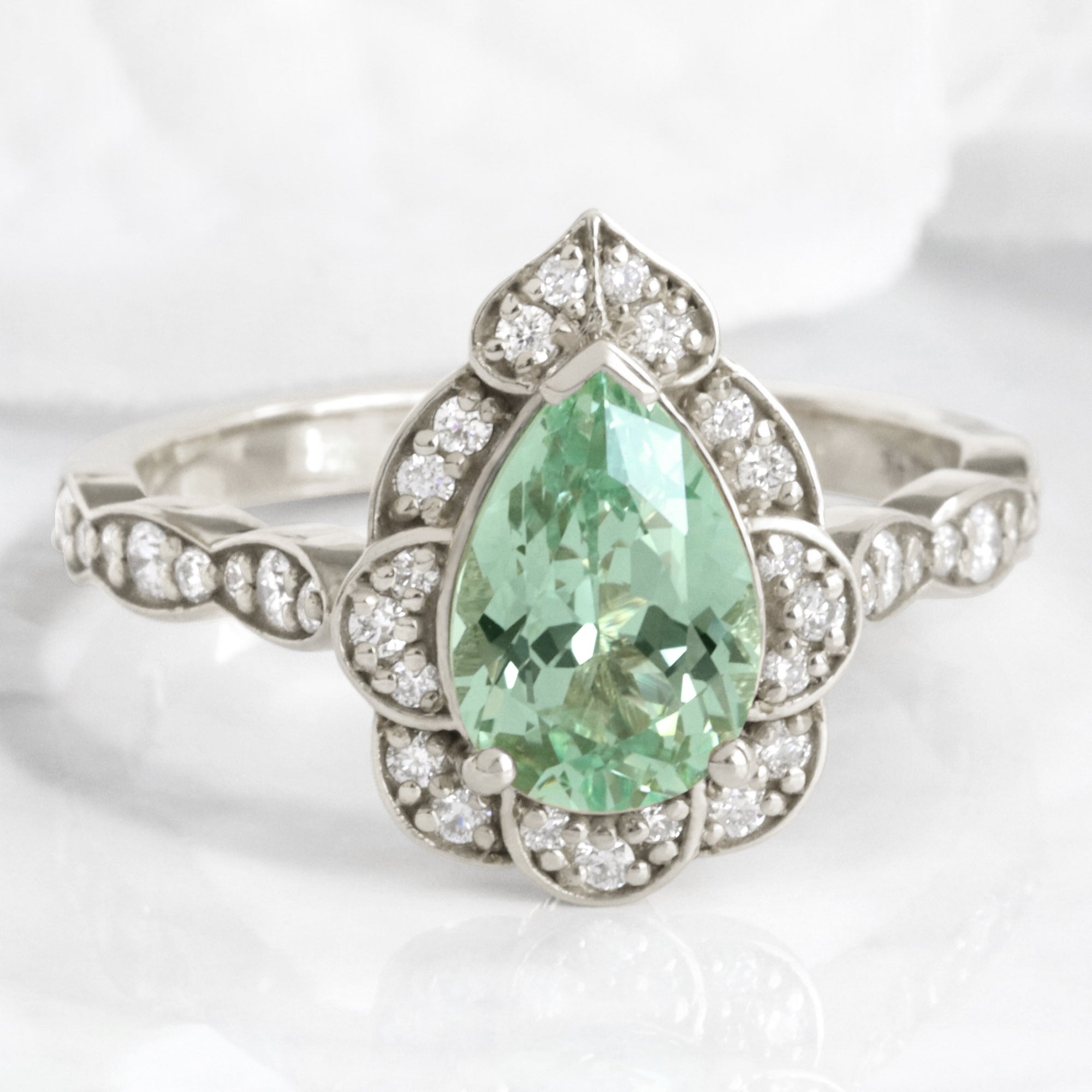 Large pear green sapphire engagement ring white gold vintage halo diamond sapphire ring la more design jewelry