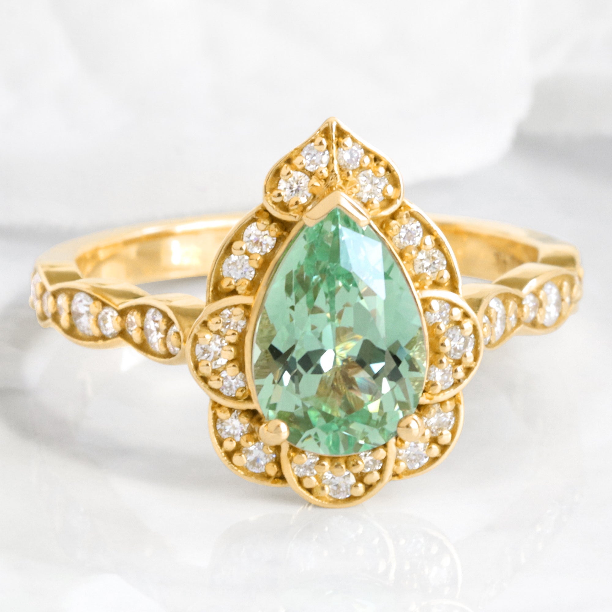 Large pear green sapphire engagement ring yellow gold vintage halo diamond sapphire ring la more design jewelry