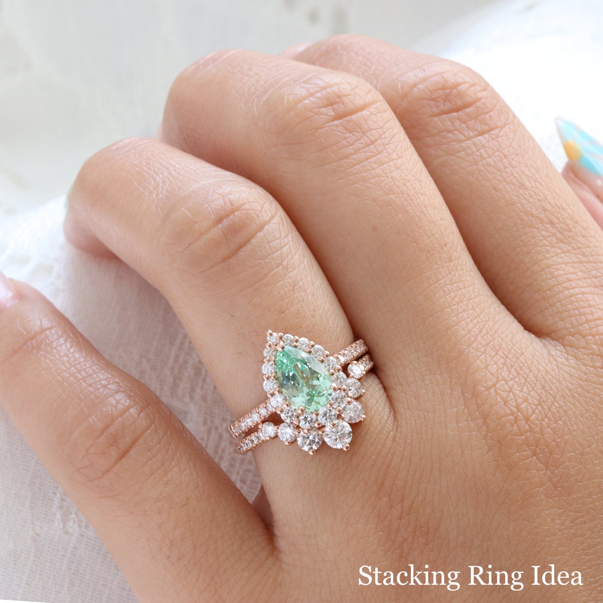 Pear seafoam green sapphire engagement ring rose gold halo diamond sapphire ring la more design jewelry