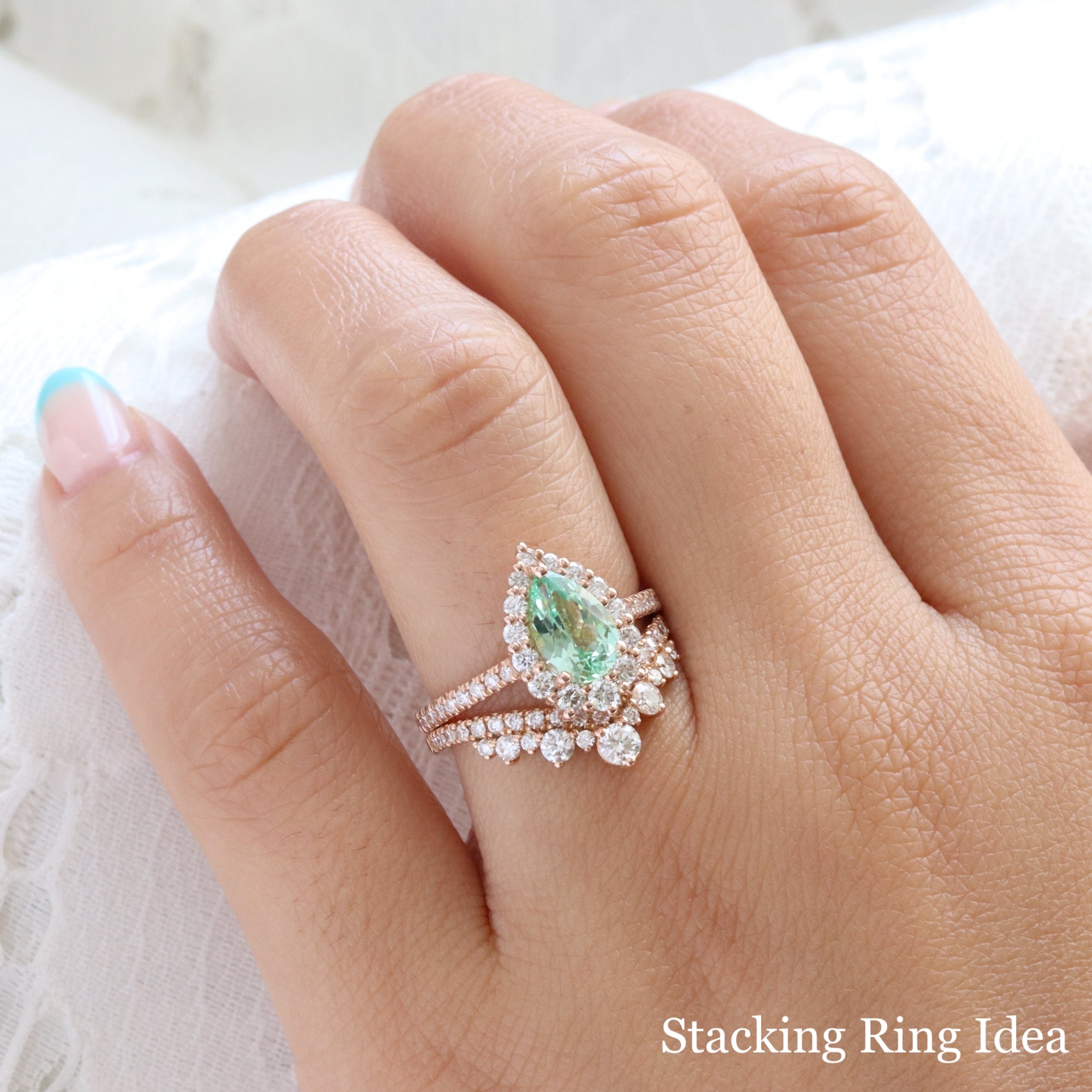 Pear seafoam green sapphire engagement ring rose gold halo diamond sapphire ring la more design jewelry