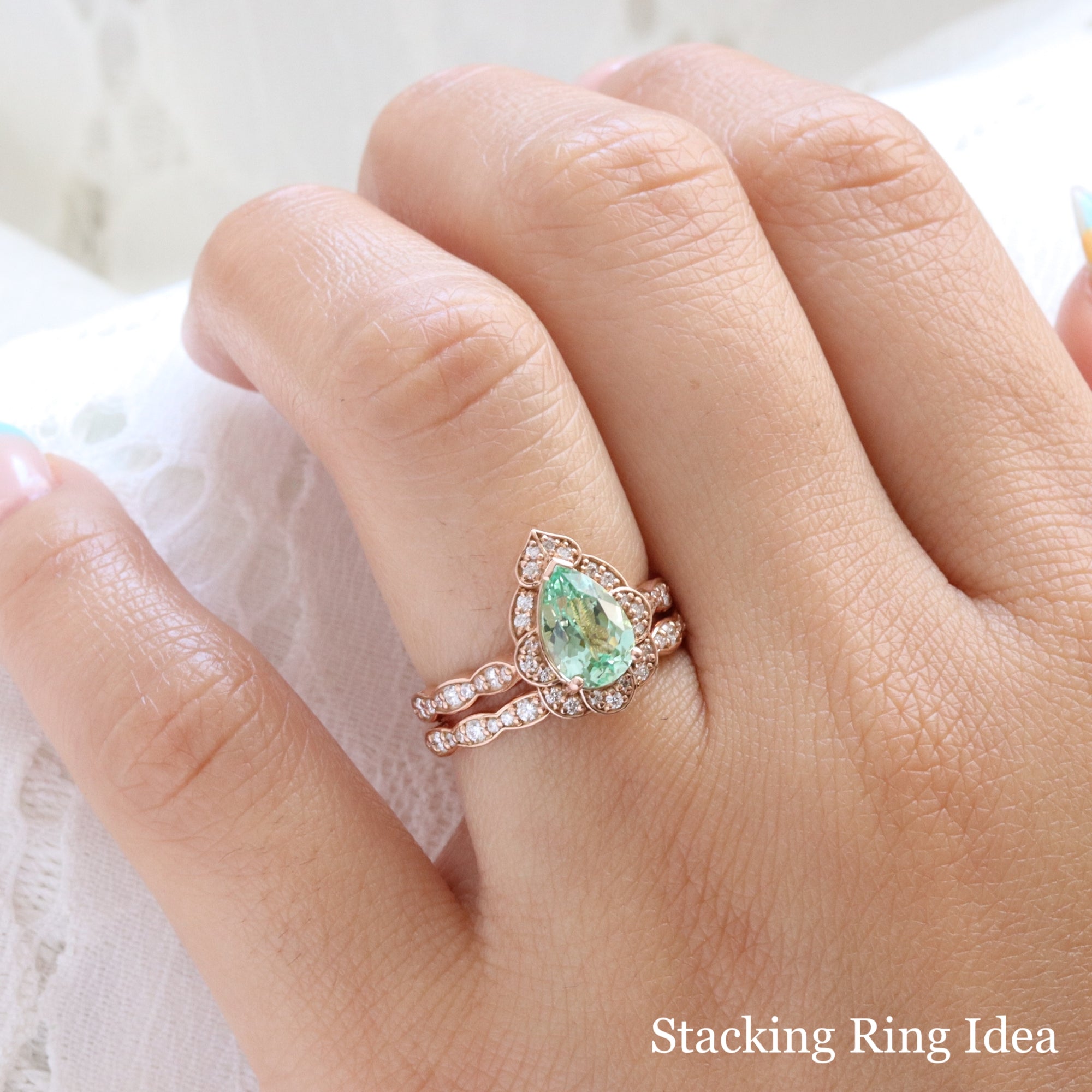 Large pear green sapphire engagement ring rose gold vintage halo diamond sapphire ring la more design jewelry