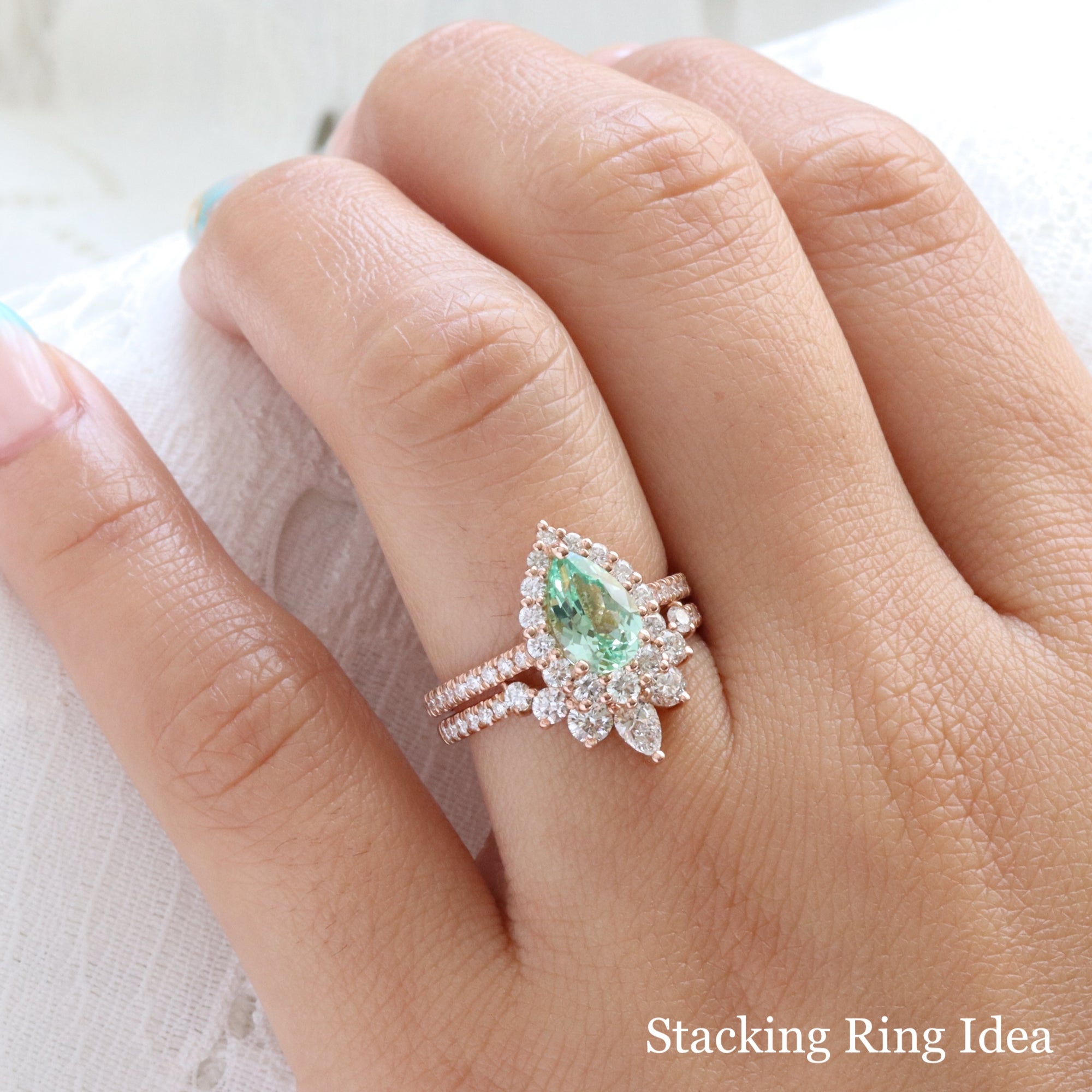 Pear seafoam green sapphire engagement ring rose gold halo diamond sapphire ring la more design jewelry