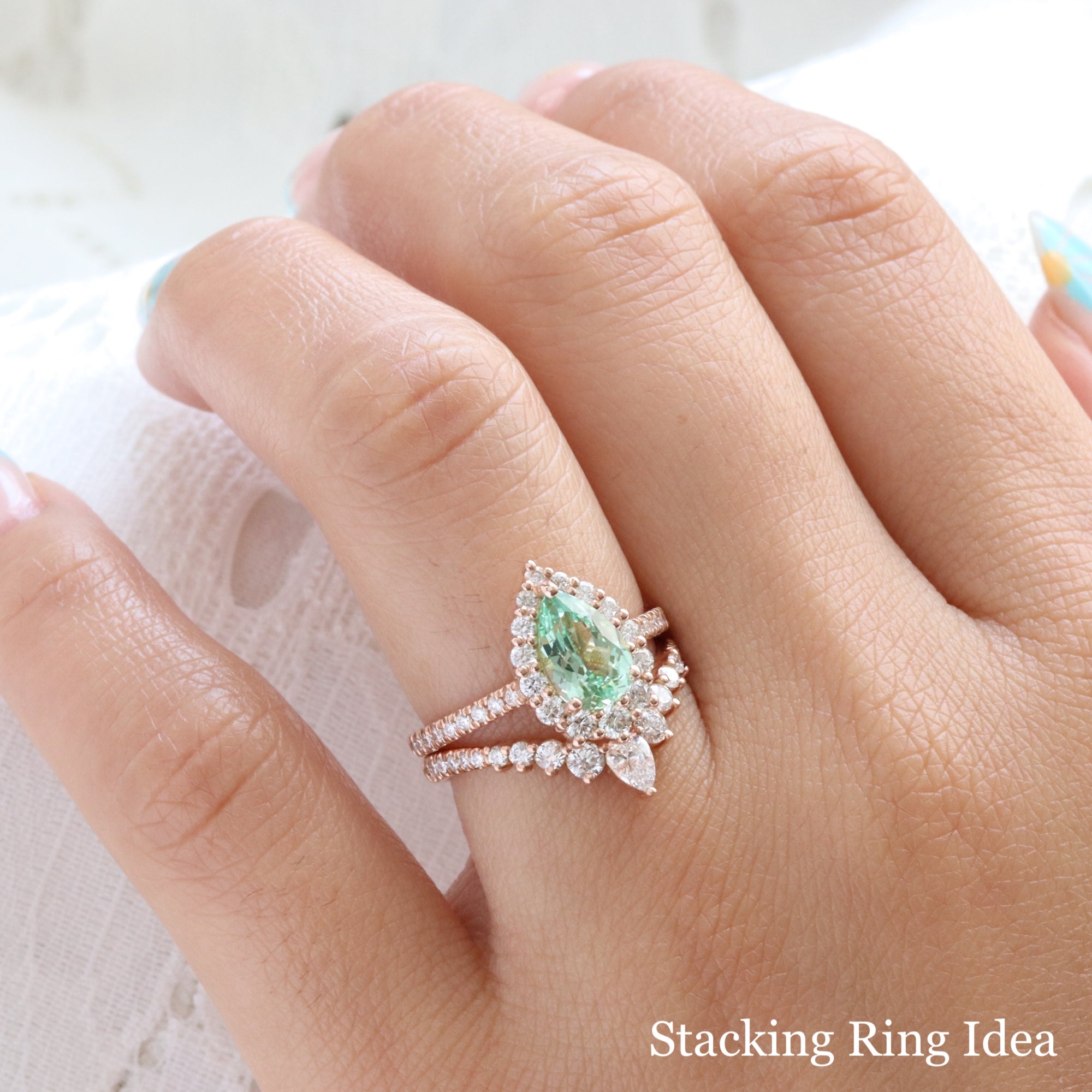 Pear seafoam green sapphire engagement ring rose gold halo diamond sapphire ring la more design jewelry