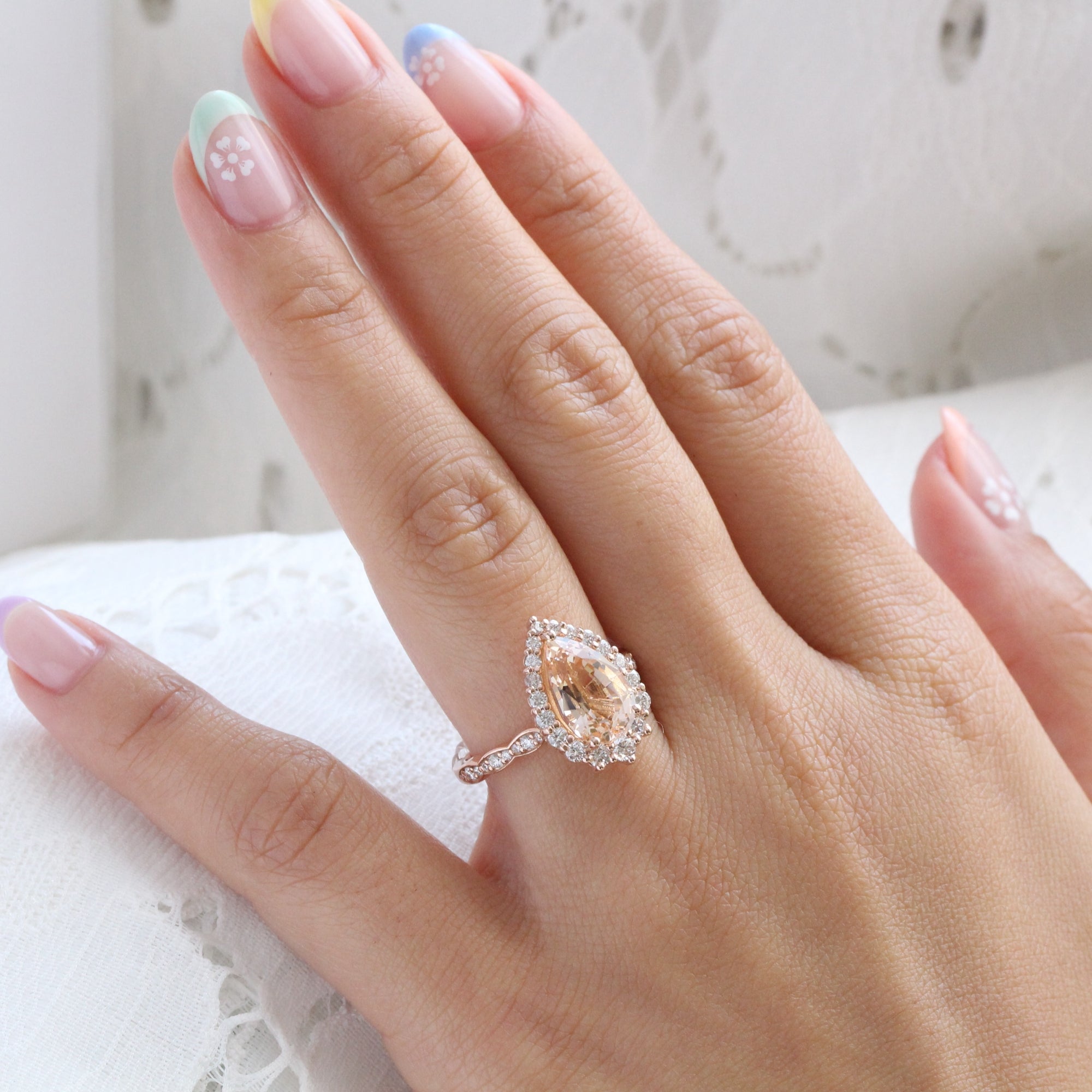 Large pear morganite ring rose gold halo diamond peach morganite ring la more design jewelry