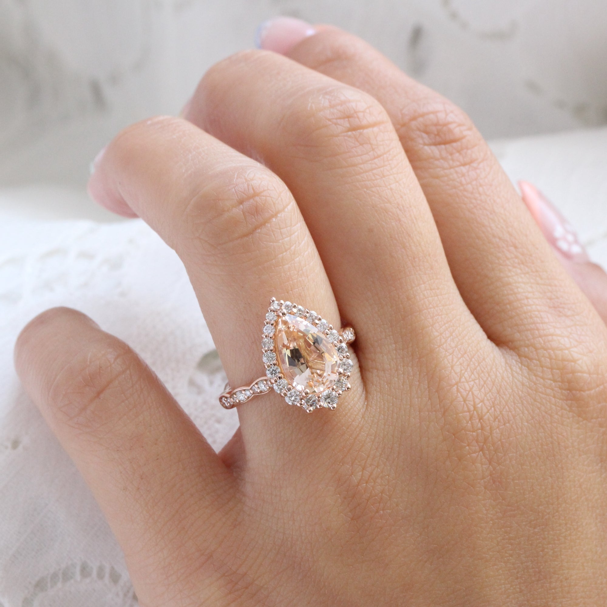 Large pear morganite ring rose gold halo diamond peach morganite ring la more design jewelry