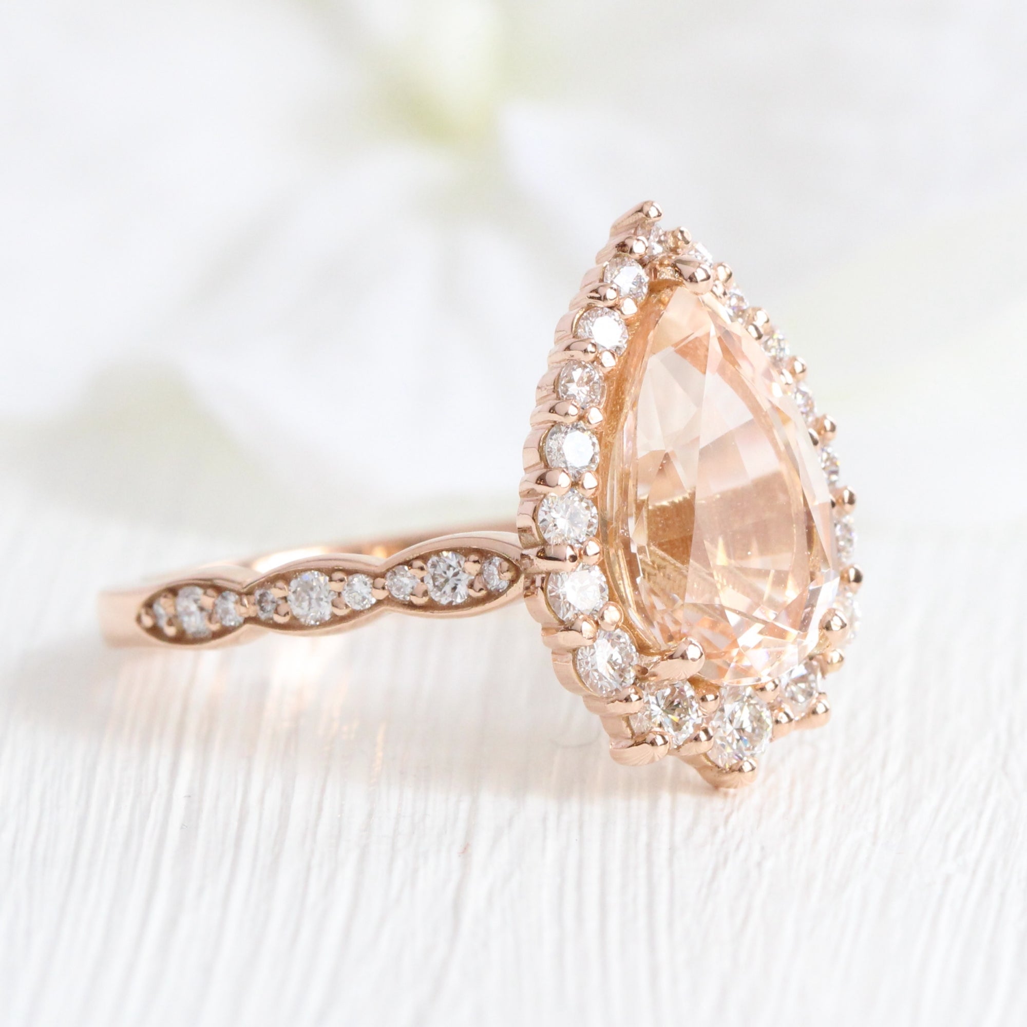 Large pear morganite ring rose gold halo diamond peach morganite ring la more design jewelry