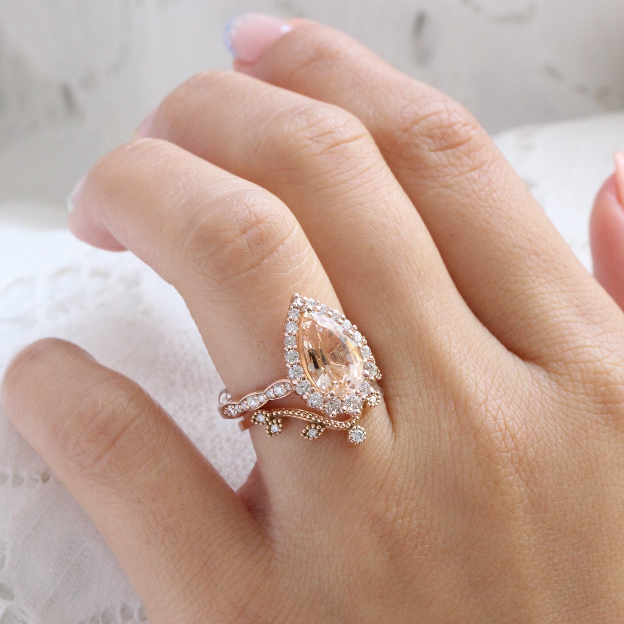 Large pear morganite ring rose gold halo diamond peach morganite ring la more design jewelry