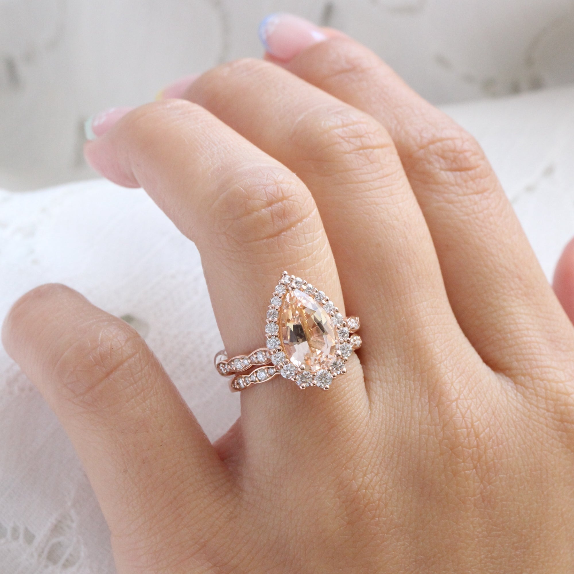 Large pear morganite ring rose gold halo diamond peach morganite ring la more design jewelry