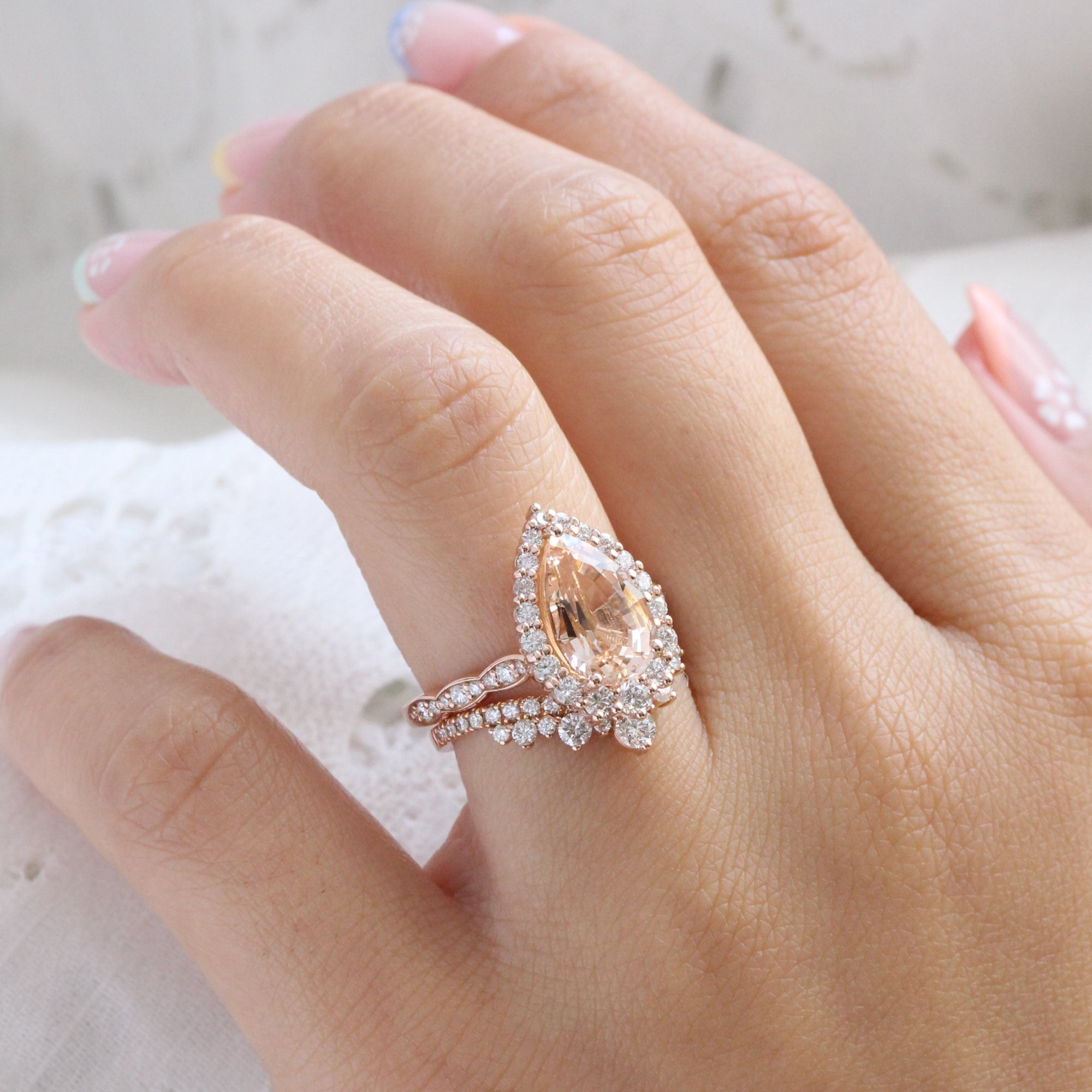 Large pear morganite ring rose gold halo diamond peach morganite ring la more design jewelry