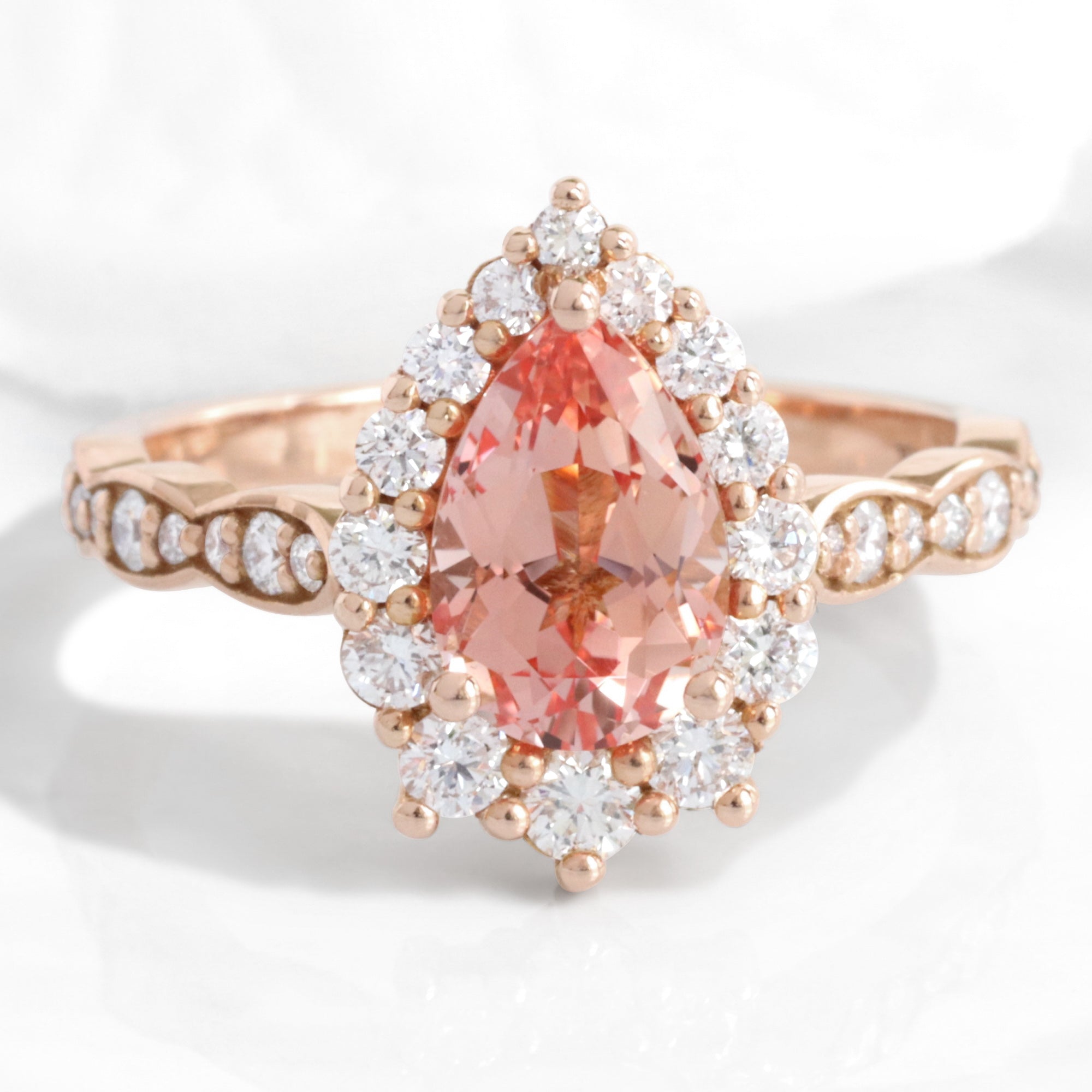 Large pear pink sapphire ring rose gold halo diamond peach sapphire engagement ring la more design jewelry