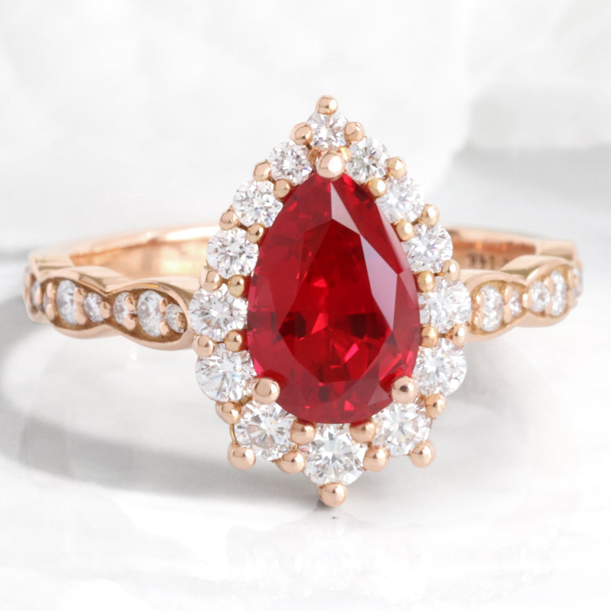 Large pear ruby engagement ring rose gold halo diamond ruby ring la more design jewelry