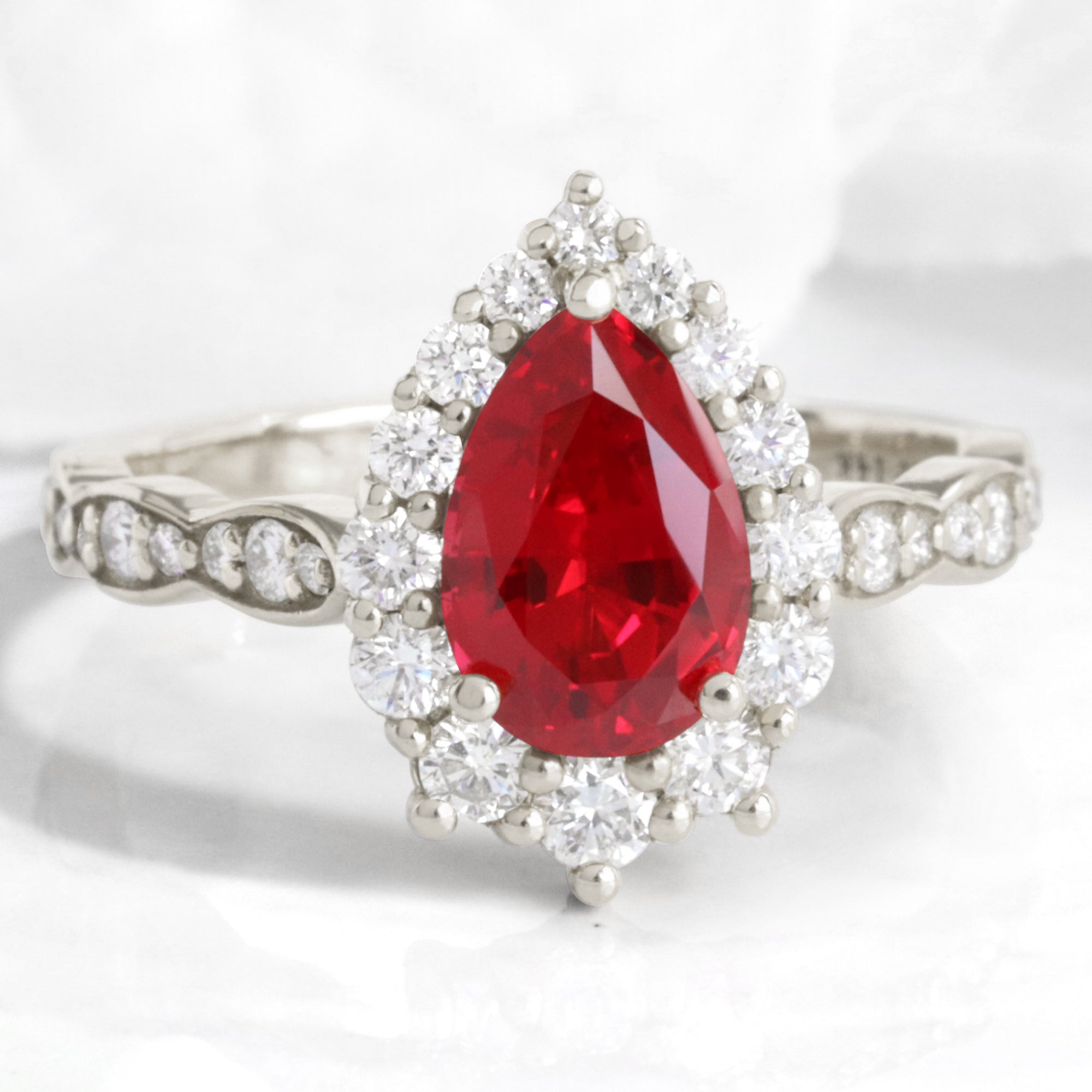 Large pear ruby engagement ring white gold halo diamond ruby ring la more design jewelry