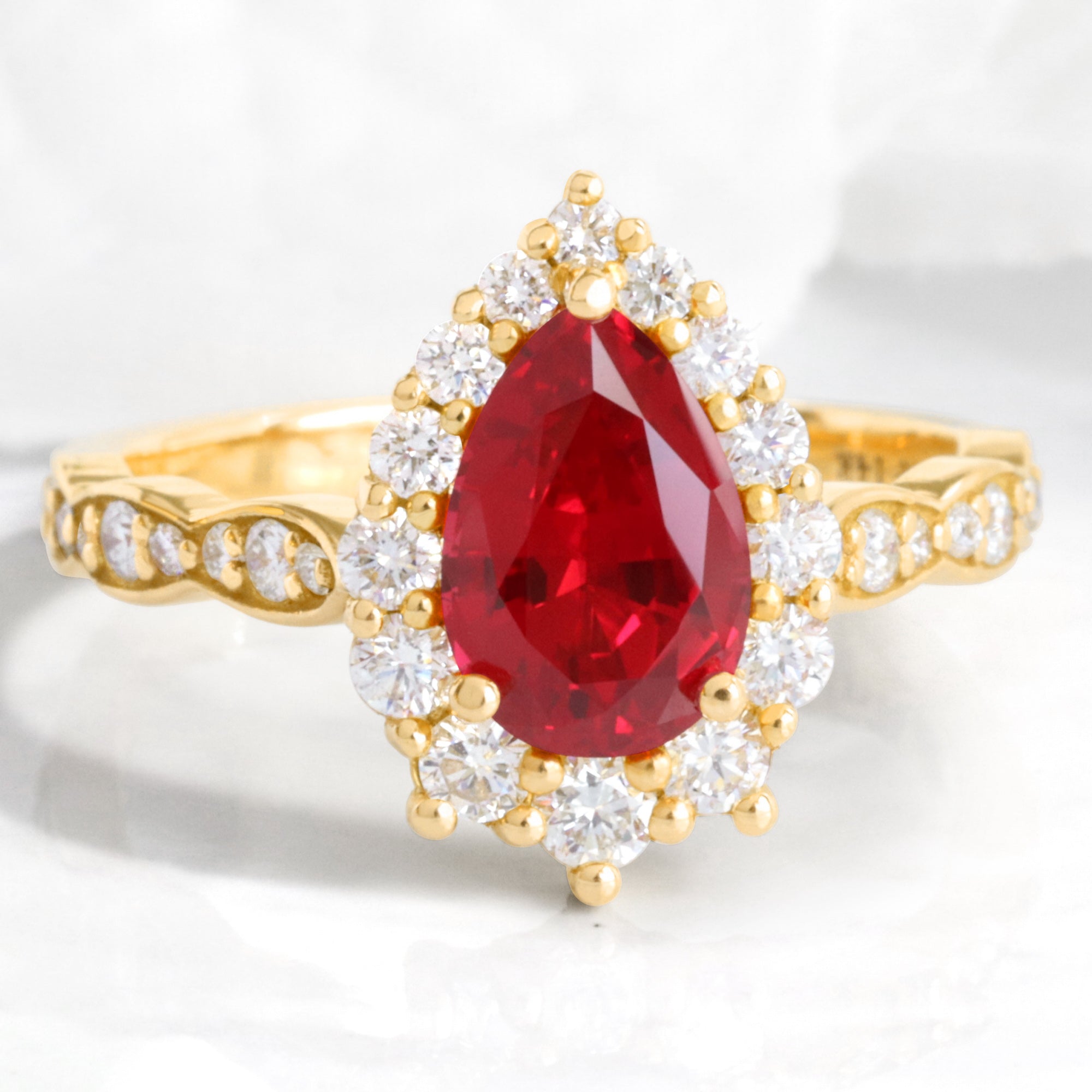 Large pear ruby engagement ring yellow gold halo diamond ruby ring la more design jewelry