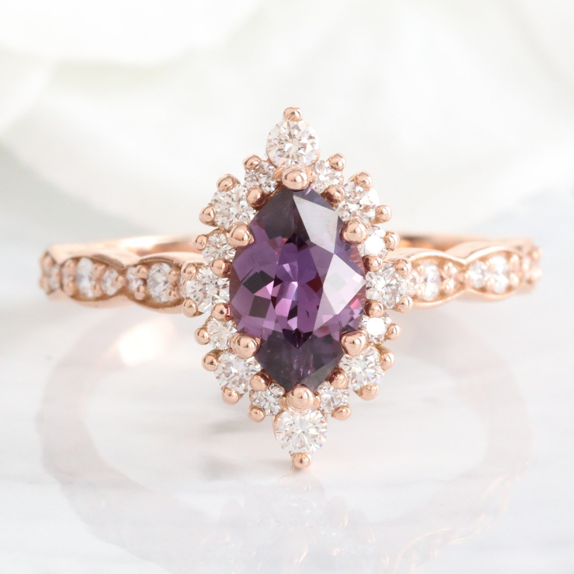 Marquise purple sapphire engagement ring rose gold halo diamond sapphire ring la more design jewelry