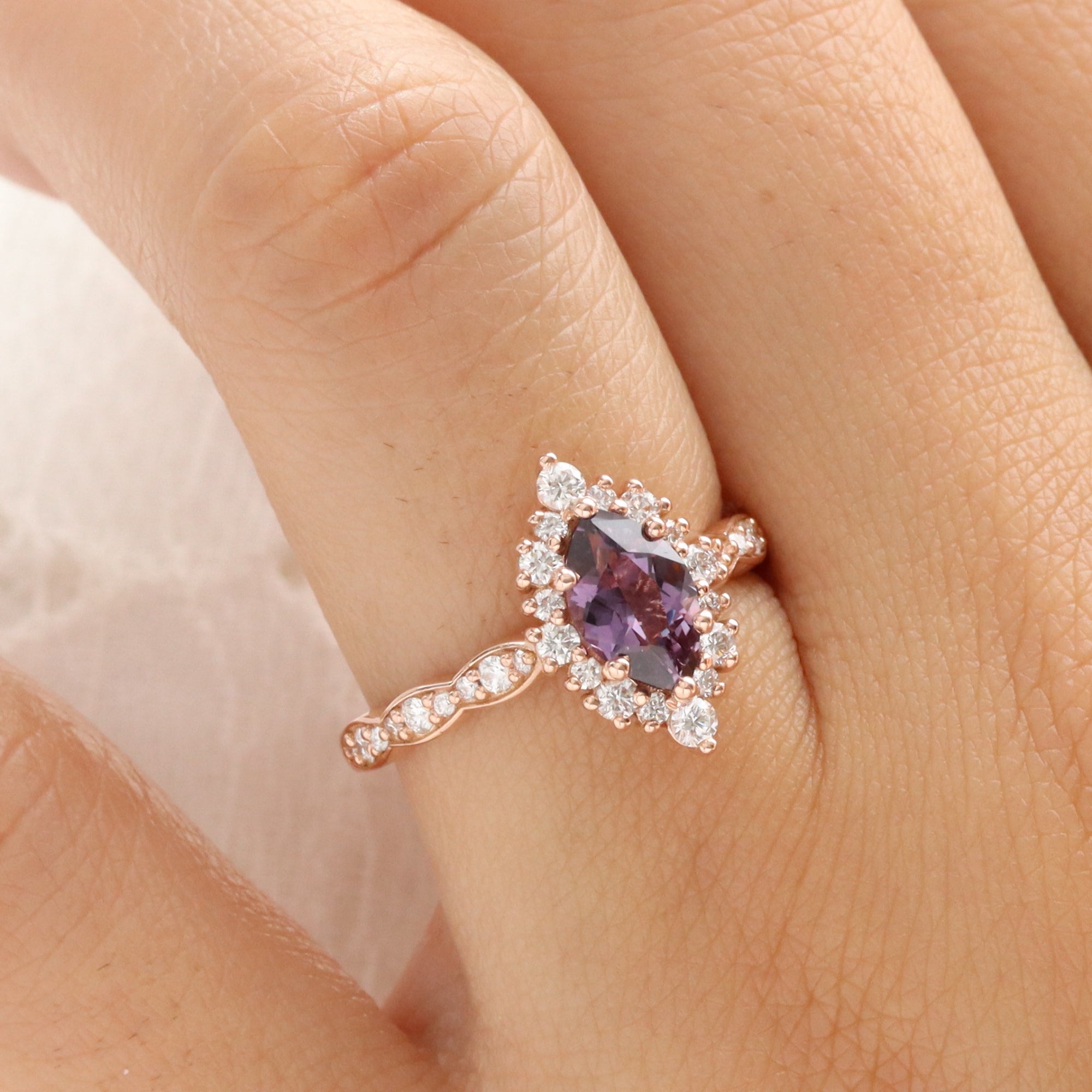 Marquise purple sapphire engagement ring rose gold halo diamond sapphire ring la more design jewelry