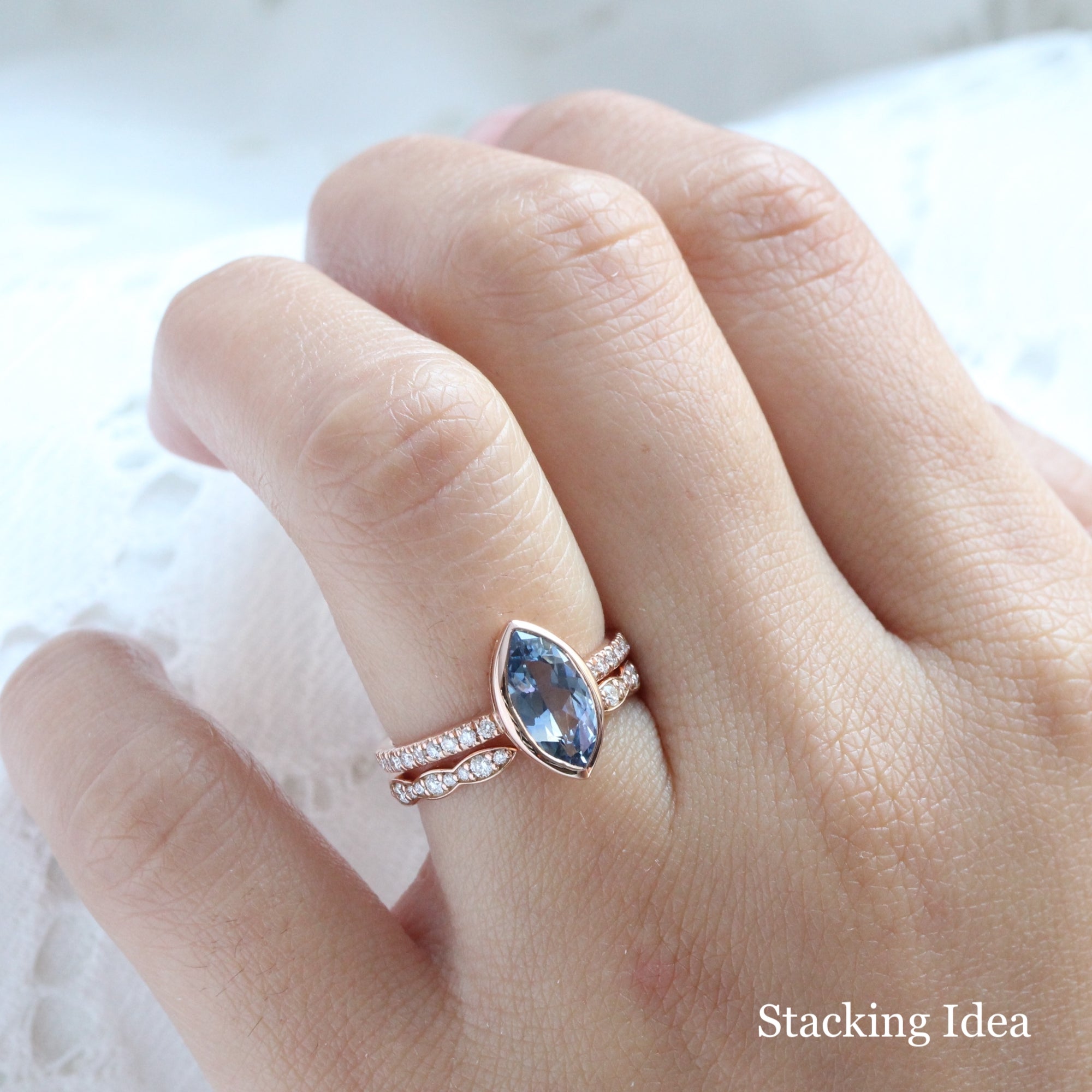 Marquise teal blue sapphire ring rose gold bezel solitaire pave diamond band la more design jewelry