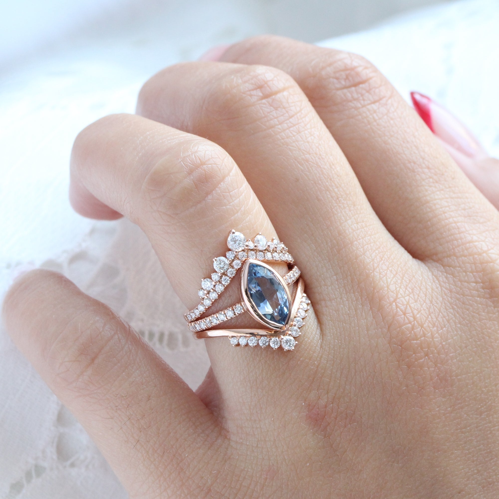 Marquise teal blue sapphire ring rose gold bezel solitaire pave diamond band la more design jewelry