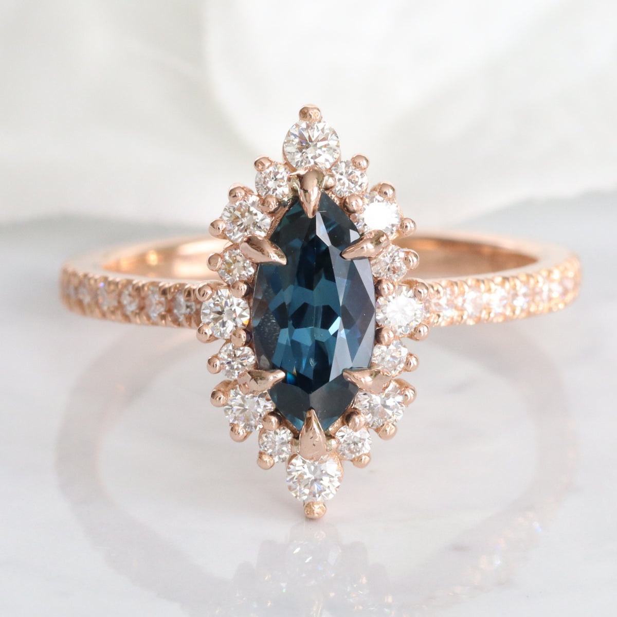 Marquise teal blue sapphire ring rose gold halo diamond sapphire ring la more design jewelry