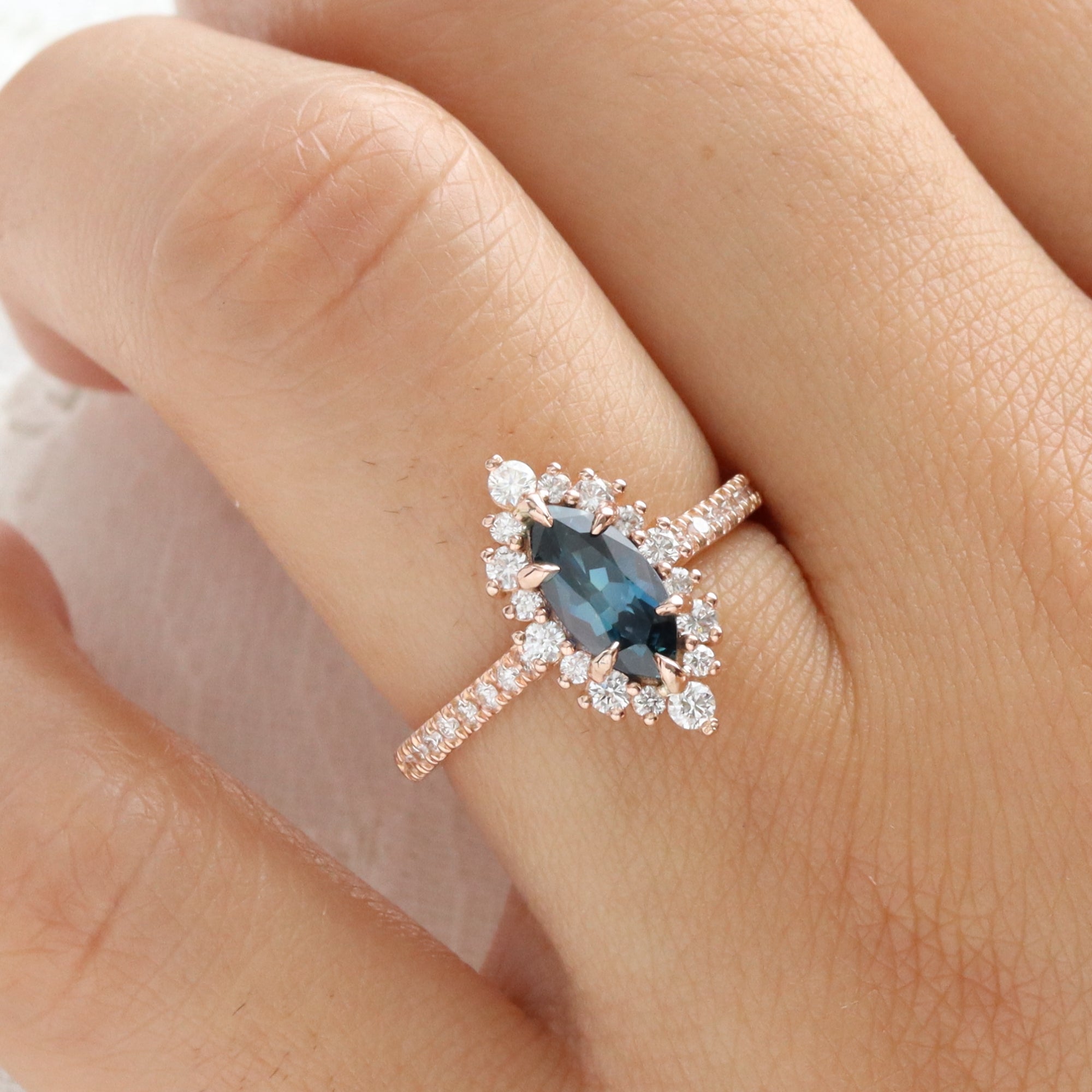 Marquise teal blue sapphire ring rose gold halo diamond sapphire ring la more design jewelry