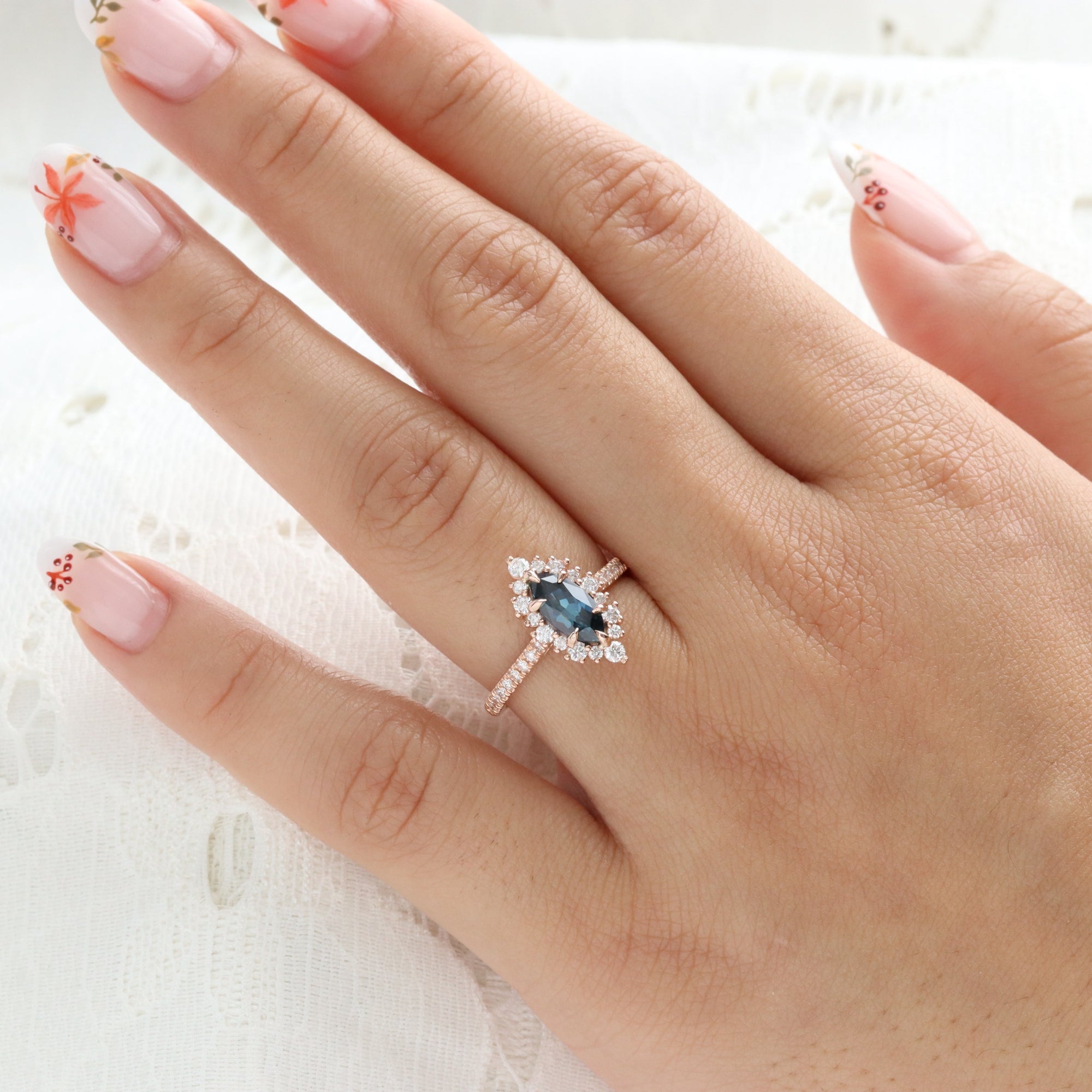 Marquise teal blue sapphire ring rose gold halo diamond sapphire ring la more design jewelry