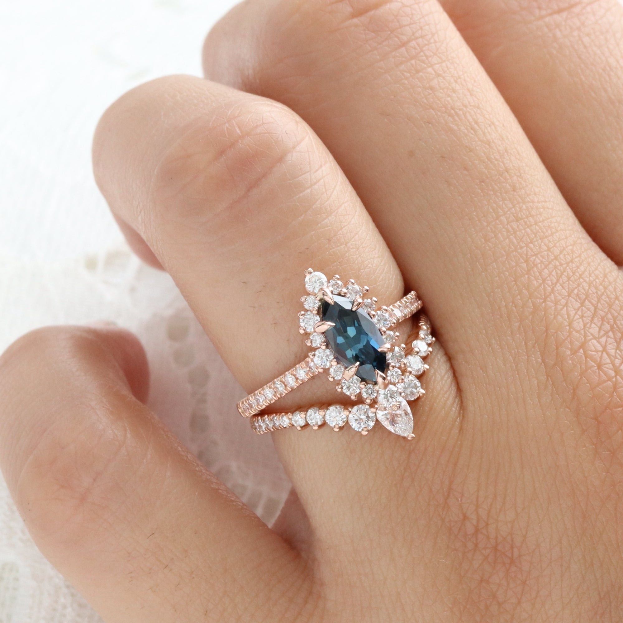 Marquise teal blue sapphire ring rose gold halo diamond sapphire ring la more design jewelry