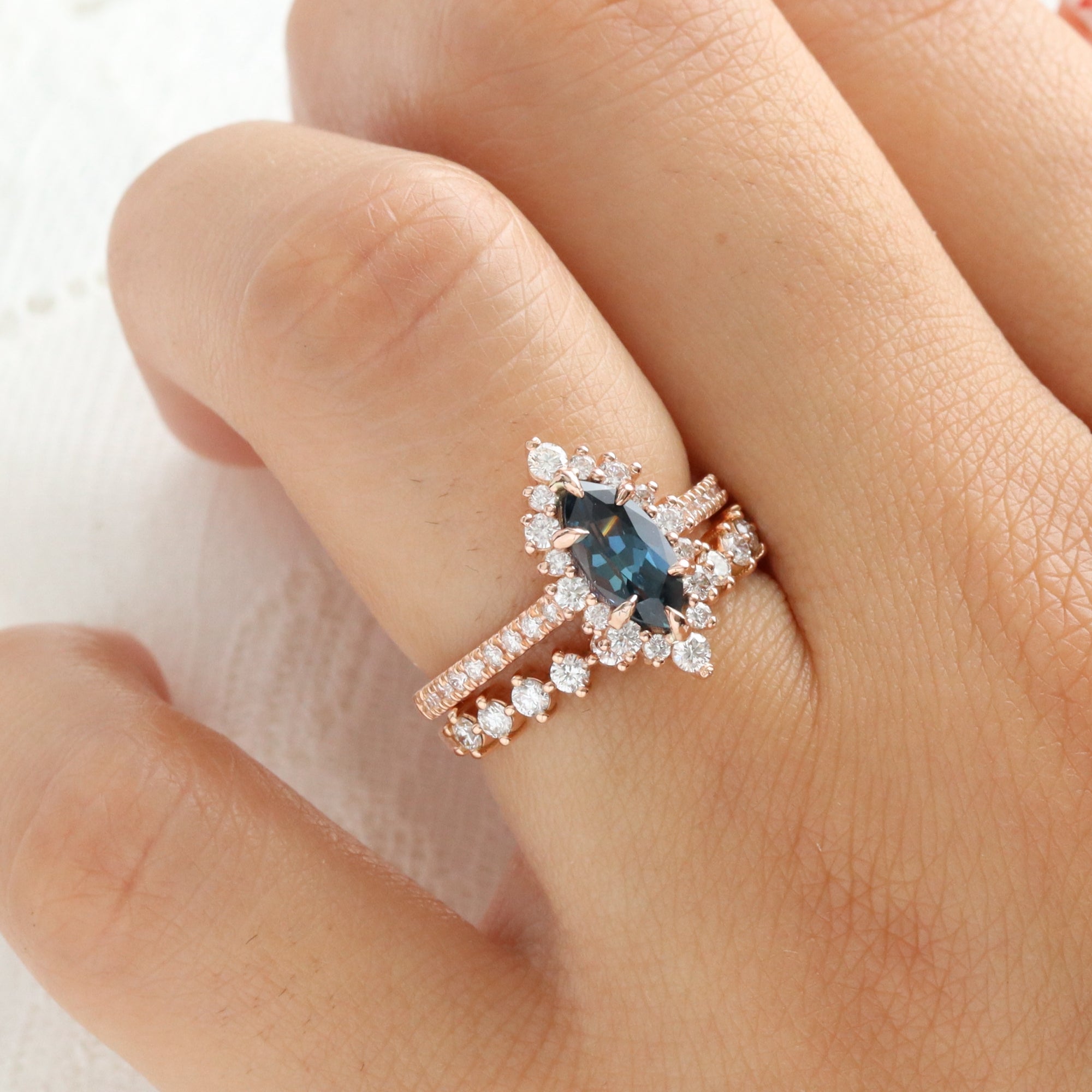 Marquise teal blue sapphire ring rose gold halo diamond sapphire ring la more design jewelry