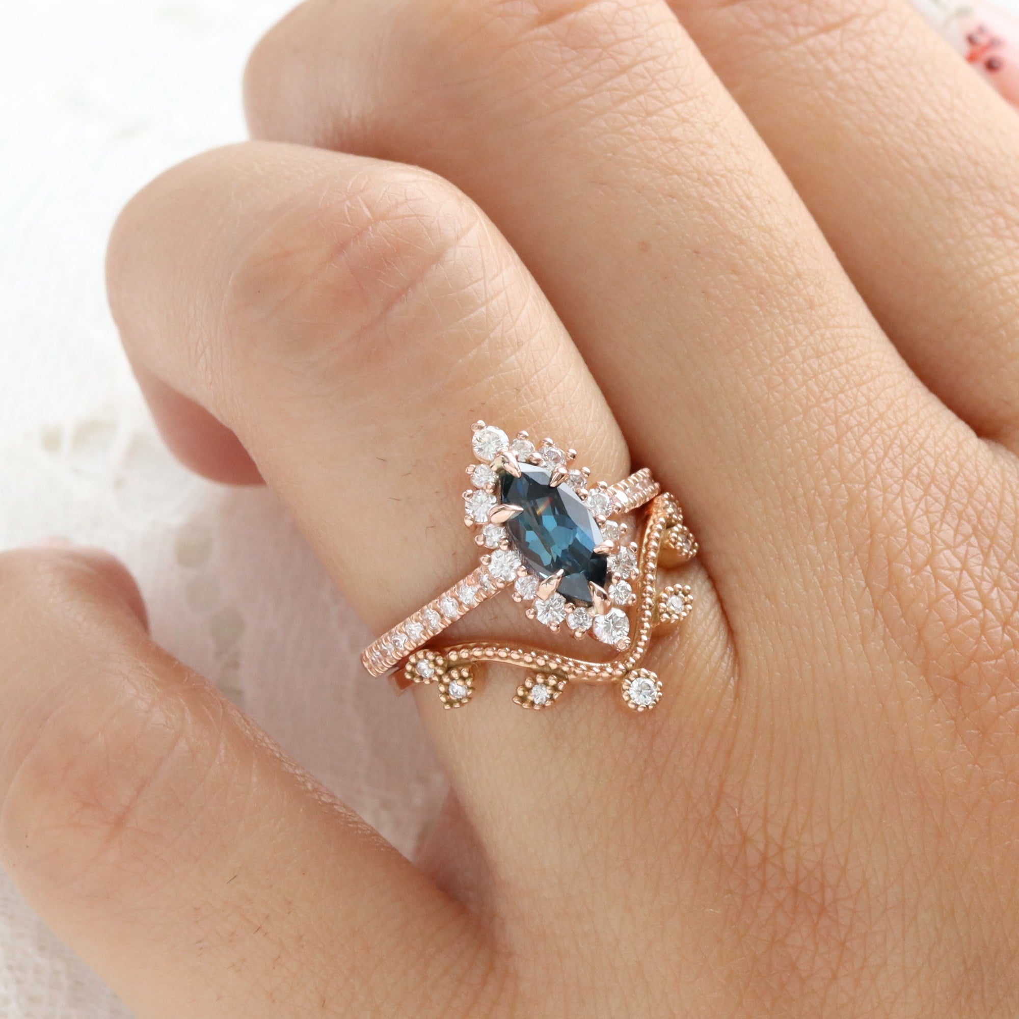 Marquise teal blue sapphire ring rose gold halo diamond sapphire ring la more design jewelry