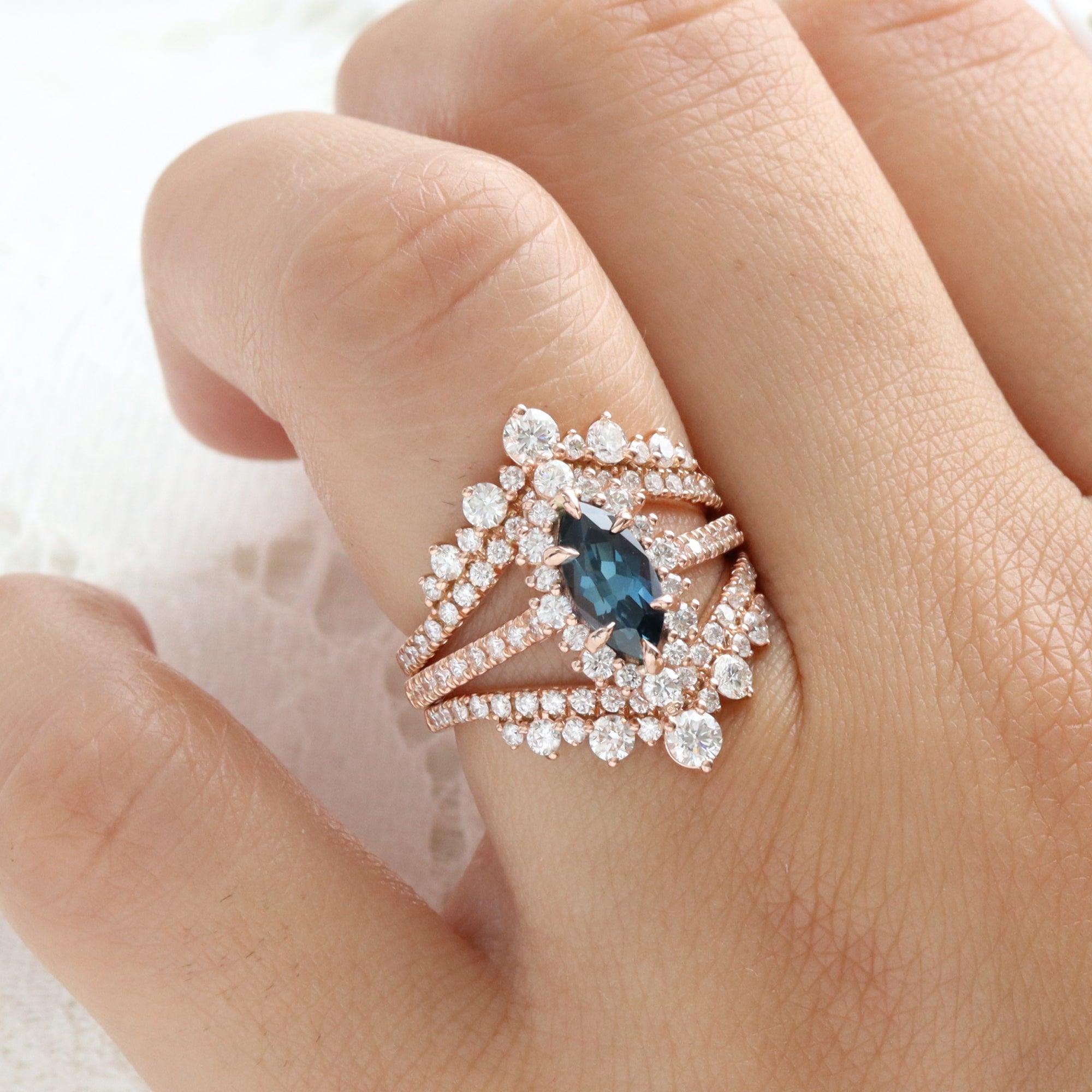 Marquise teal blue sapphire ring rose gold halo diamond sapphire ring la more design jewelry