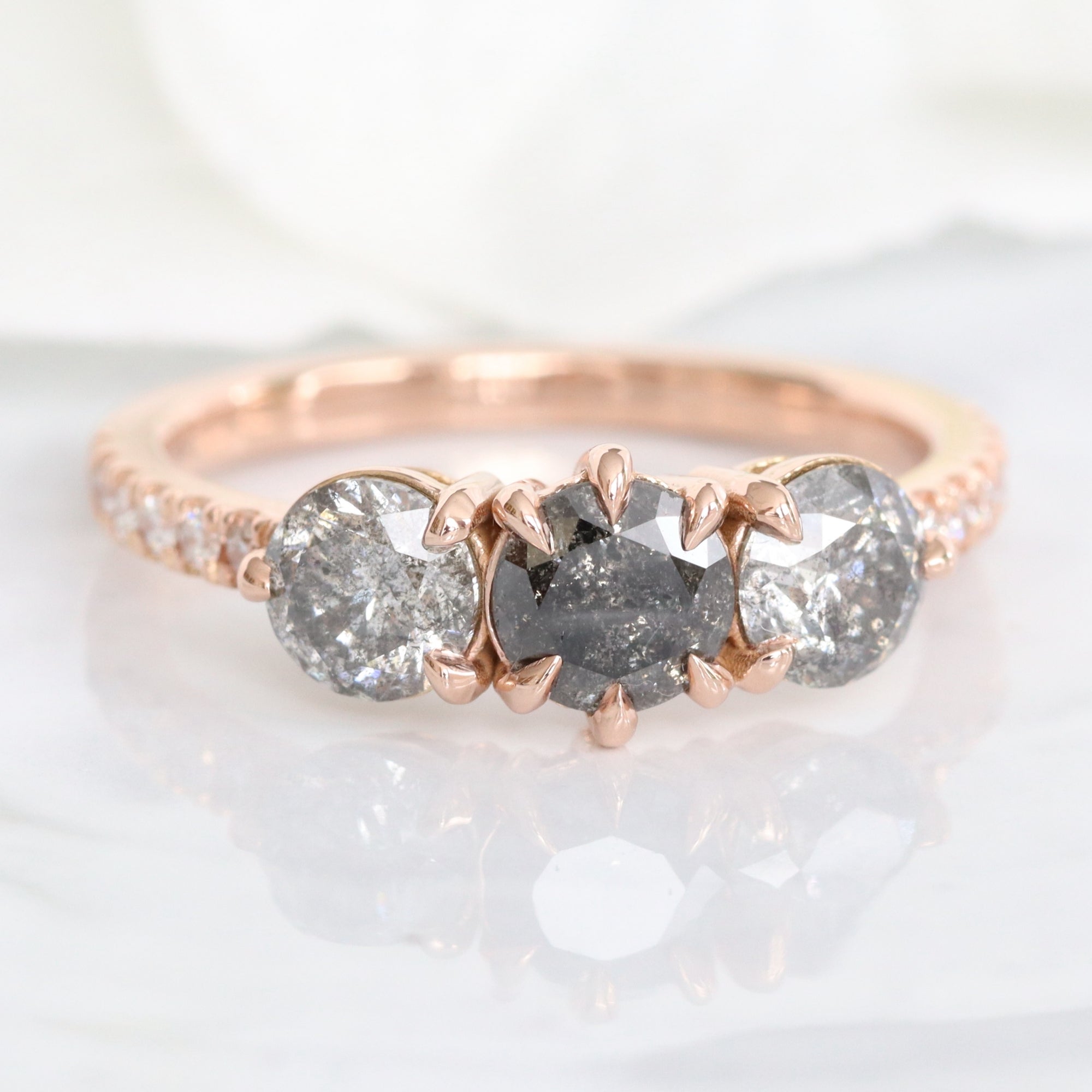 Natural Salt and Pepper Diamond Ring Rose Gold Grey Diamond 3 Stone Ring la more design jewelry