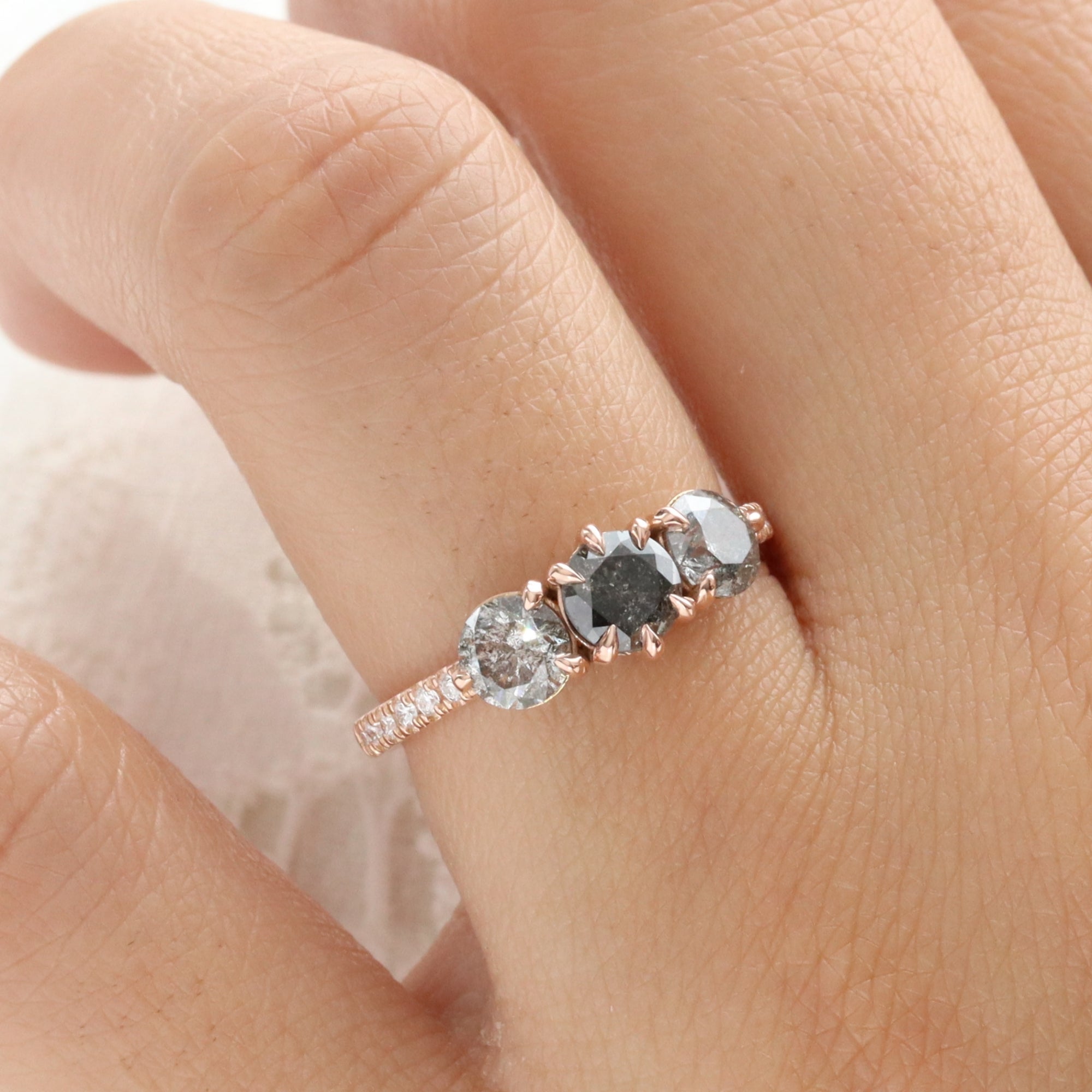 Natural Salt and Pepper Diamond Ring Rose Gold Grey Diamond 3 Stone Ring la more design jewelry