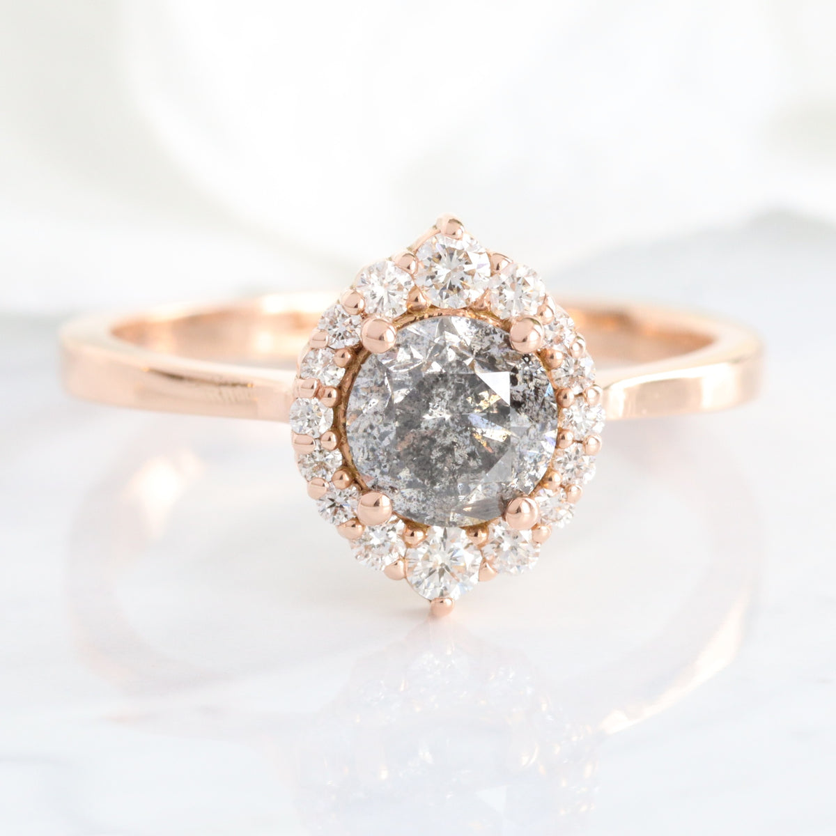 Natural salt and pepper diamond ring rose gold grey diamond halo ring la more design jewelry